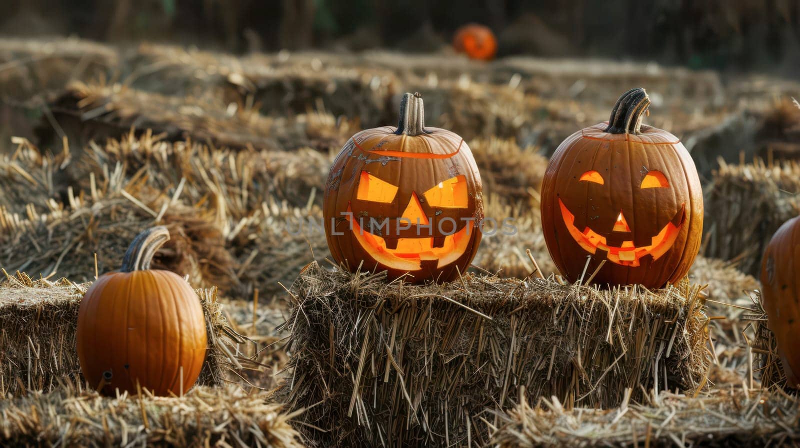 Three glowing pumpkins with unique faces sit atop hay bales during an autumn celebration as dusk settles in.