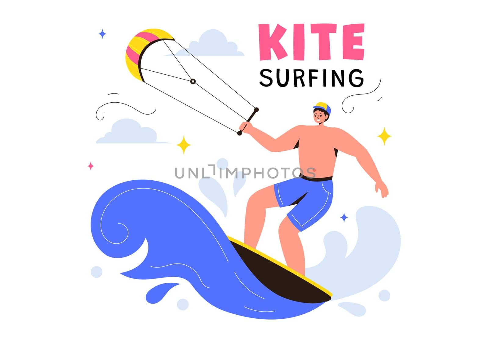 Kitesurfing Vector Illustration featuring a Kite Surfer Standing on a Kiteboard in the Summer Sea in Extreme Water Sports with a Cartoon Background