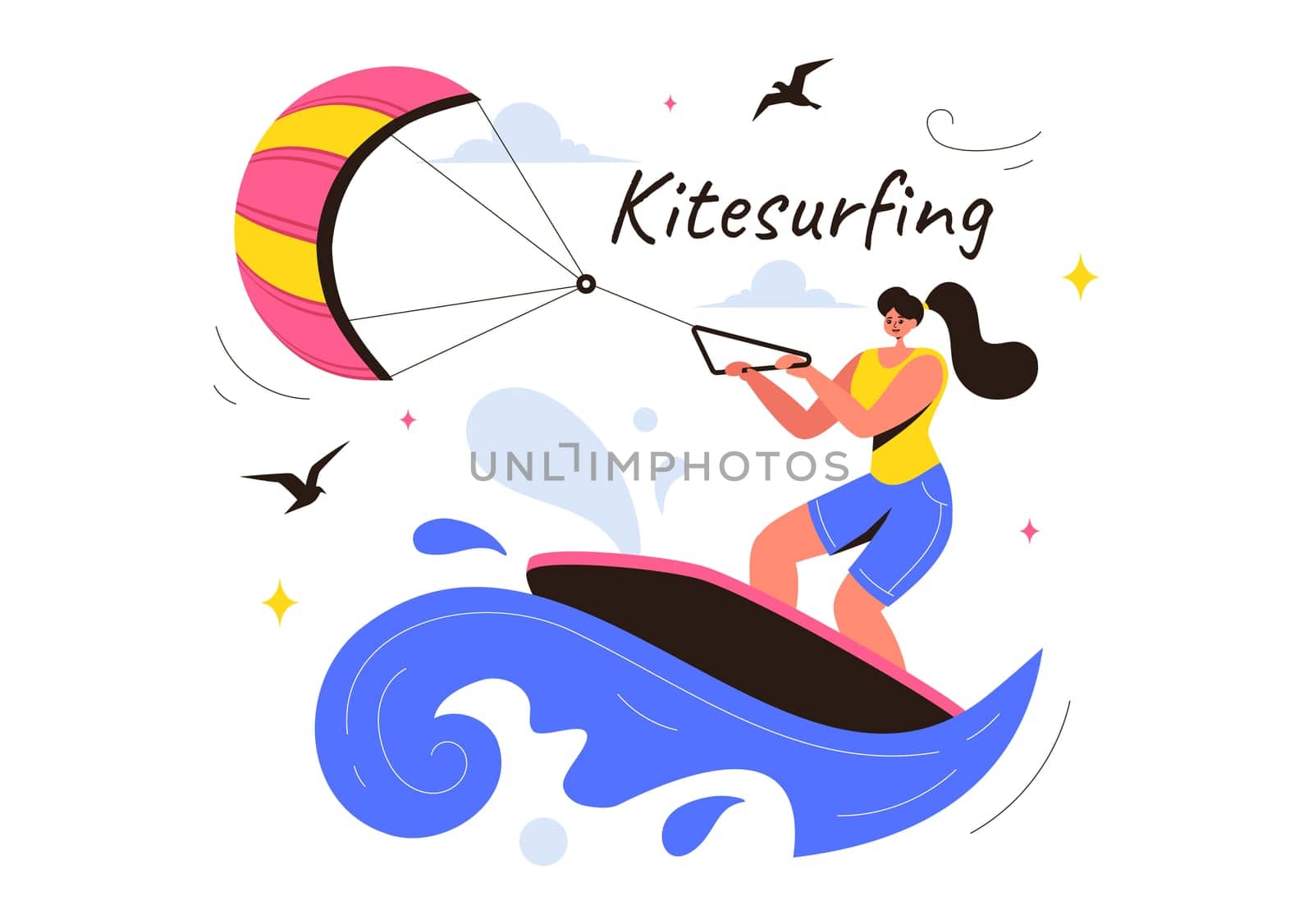 Kitesurfing Vector Illustration featuring a Kite Surfer Standing on a Kiteboard in the Summer Sea in Extreme Water Sports with a Cartoon Background