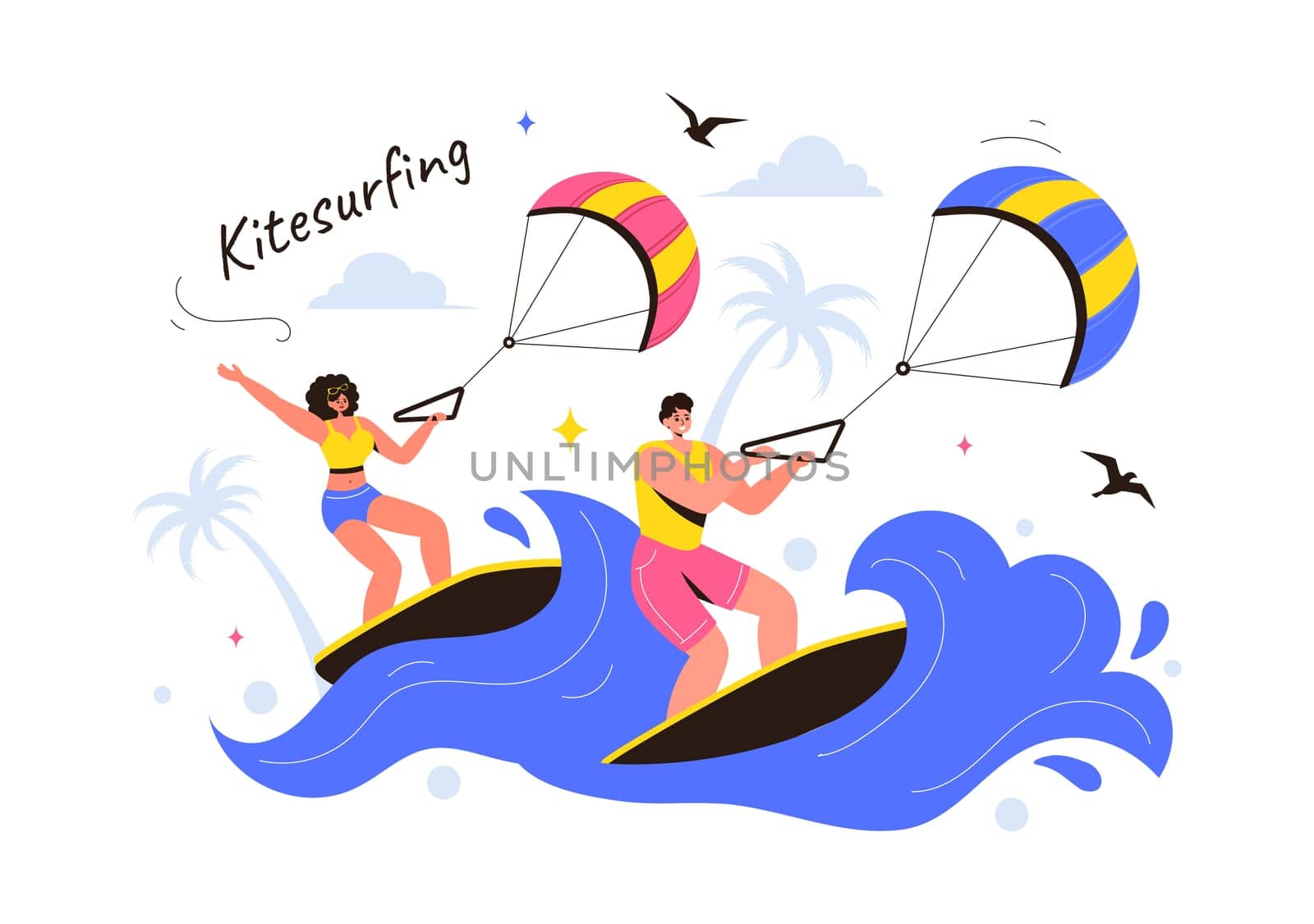 Kitesurfing Vector Illustration featuring a Kite Surfer Standing on a Kiteboard in the Summer Sea in Extreme Water Sports with a Cartoon Background