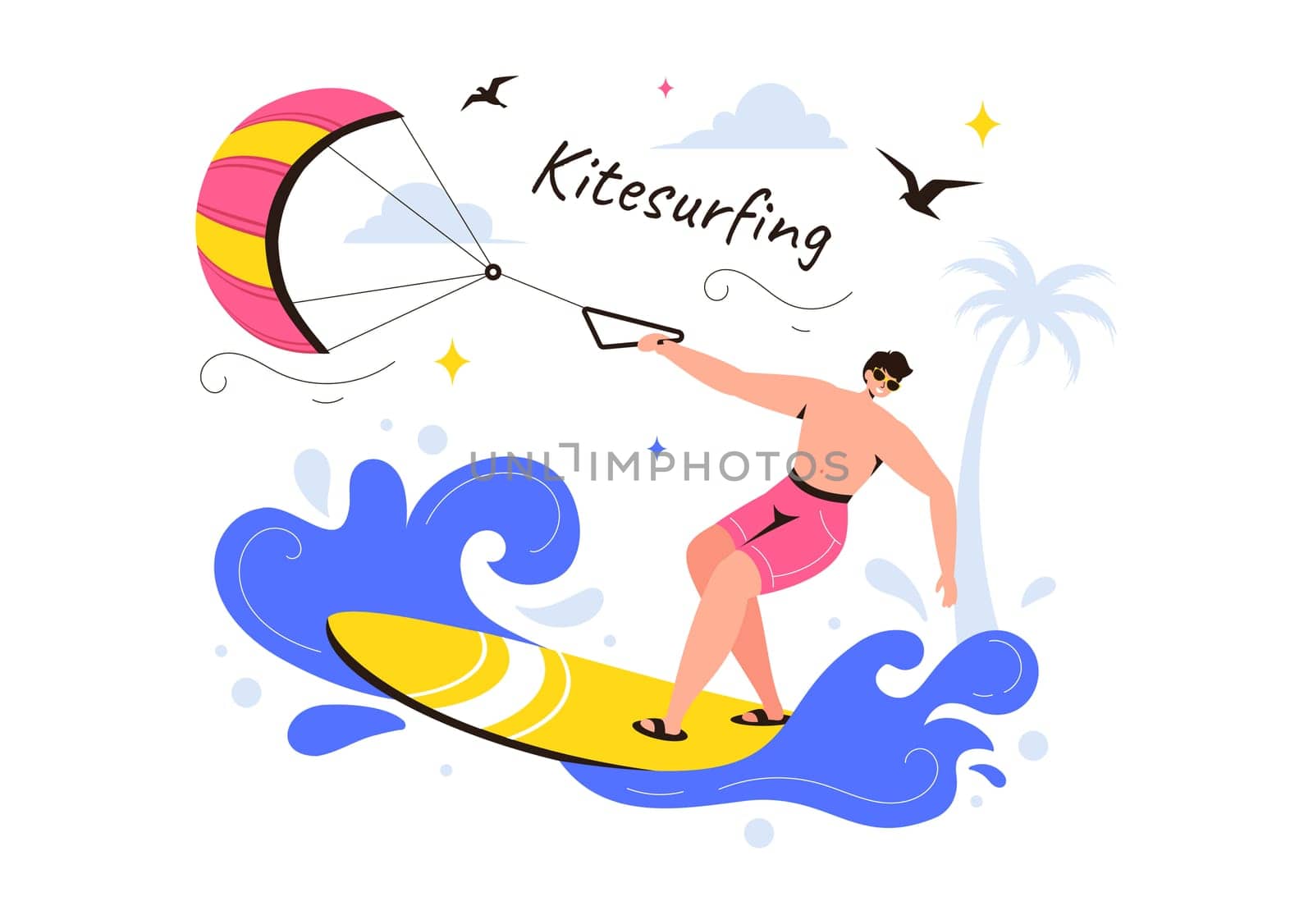Kitesurfing Vector Illustration featuring a Kite Surfer Standing on a Kiteboard in the Summer Sea in Extreme Water Sports with a Cartoon Background