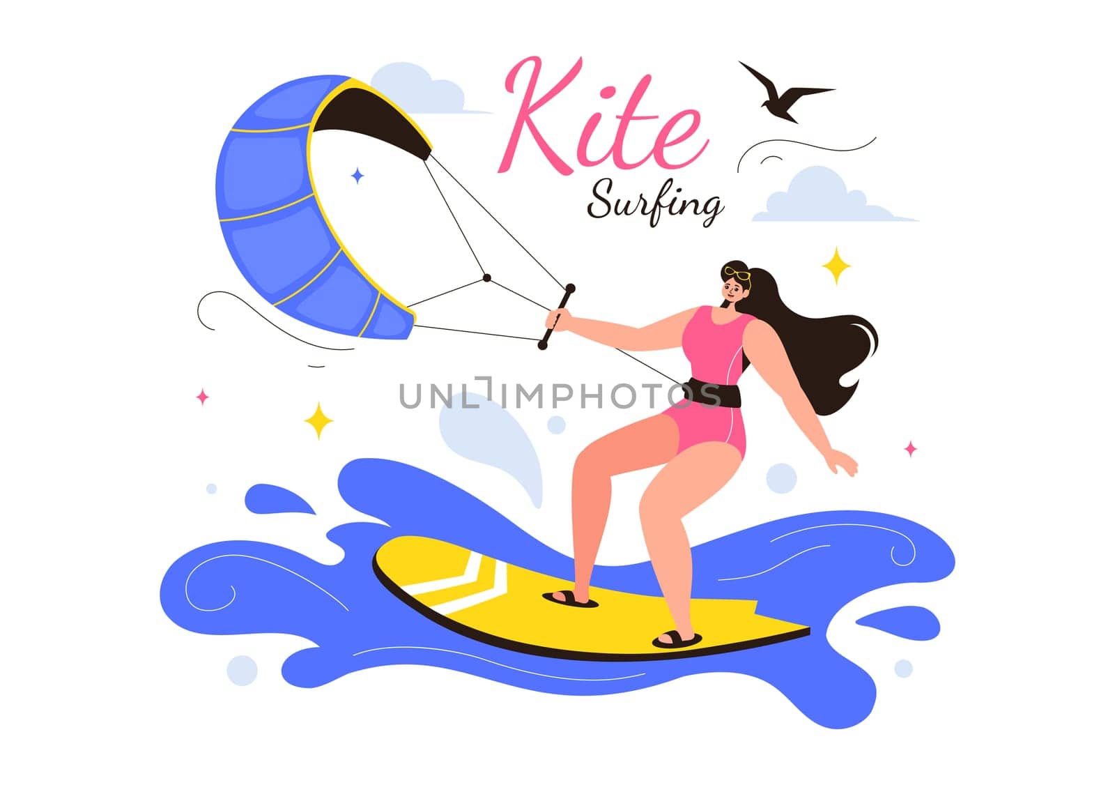 Kitesurfing Vector Illustration featuring a Kite Surfer Standing on a Kiteboard in the Summer Sea in Extreme Water Sports with a Cartoon Background