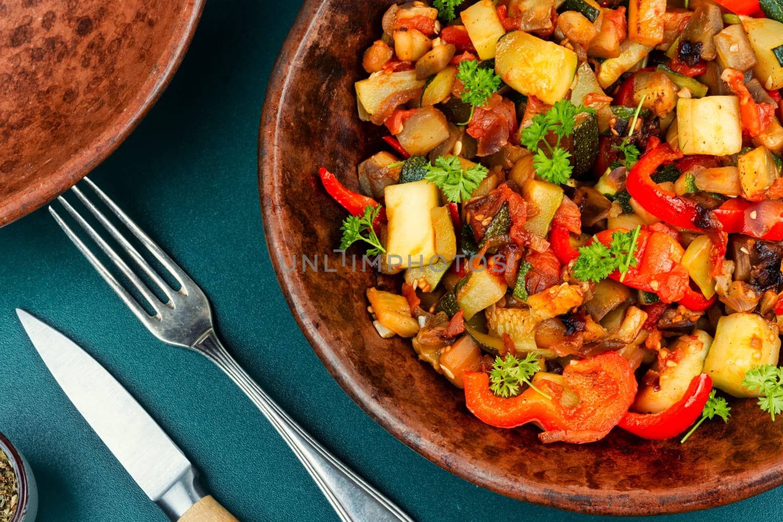 RATATOUILLE is a bright vegetable stew made from fresh fried vegetables. Steamed vegetables