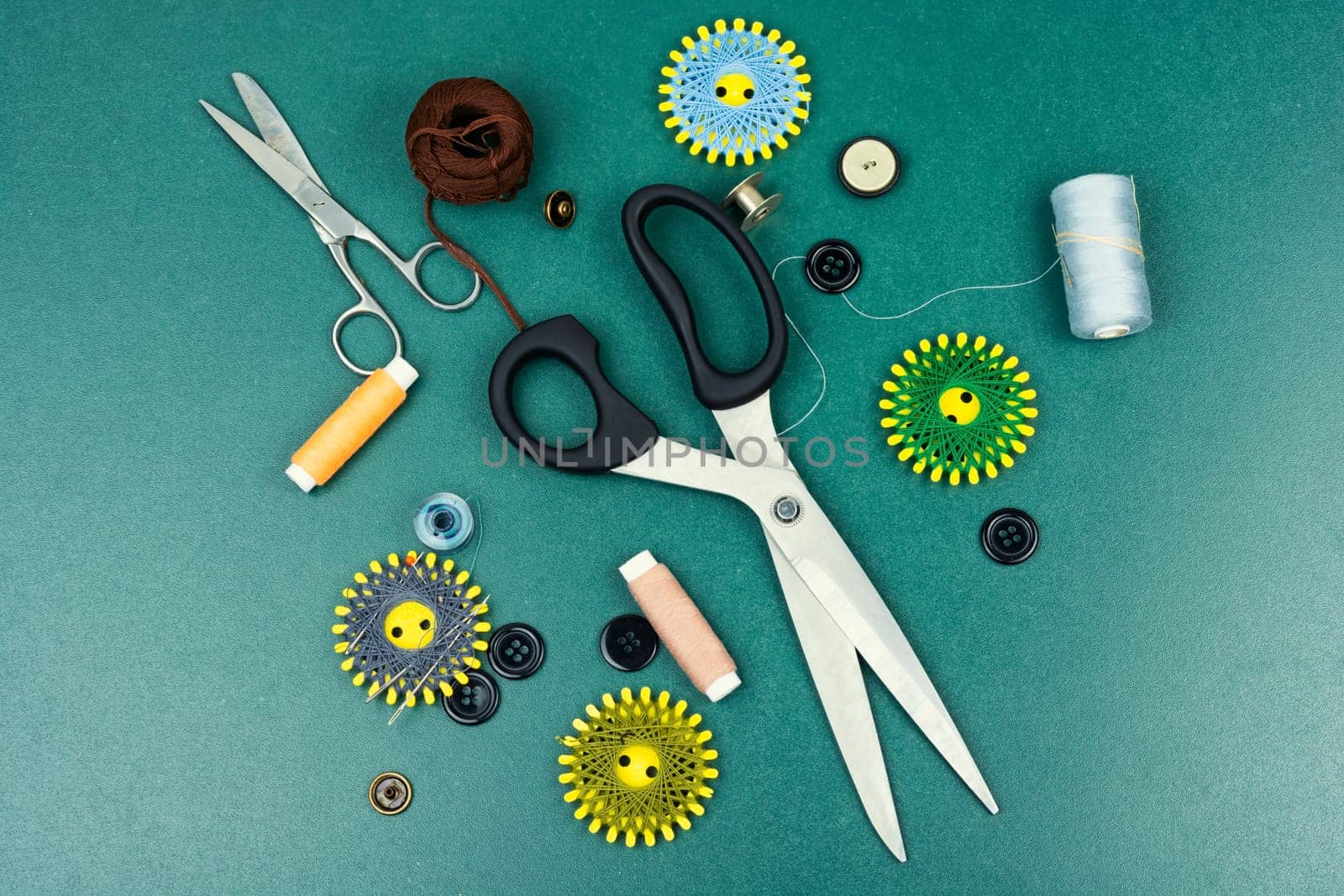 Threads and needles for sewing, sewing accessories. Threads and needles for sewing