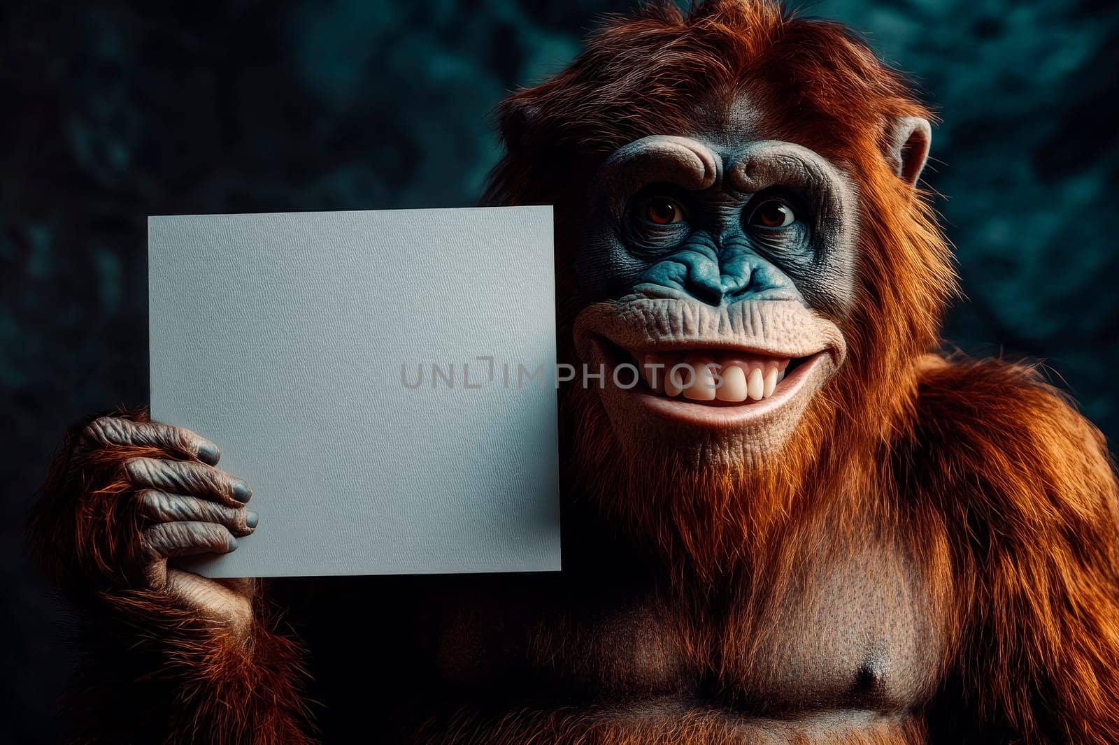 A smiling ape holds a blank rectangular piece of paper in its paws. Copy space. AI generated