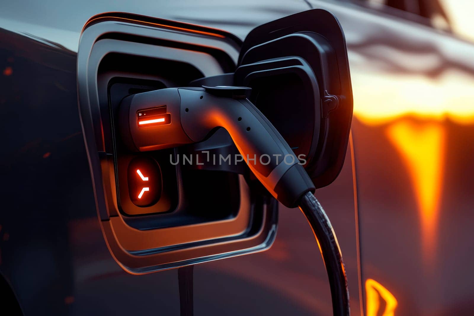 A detailed close-up of an electric car's charging port. Recharging EV car battery. AI generated