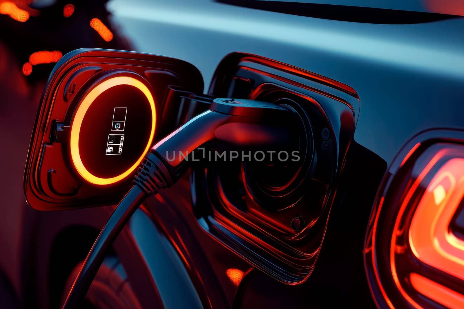 Closeup EV charger handle plugged in to electric car, recharging EV car battery with alternative and sustainable energy with zero CO2 emission. AI generated