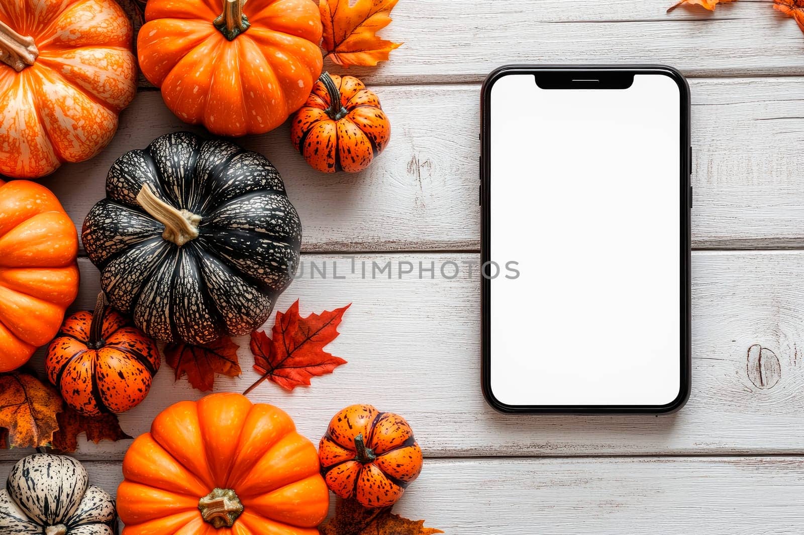 Mobile phone with empty screen and beautiful  autumn decoration,  flat lay. Copy space for text. Cozy Fall season. AI generated