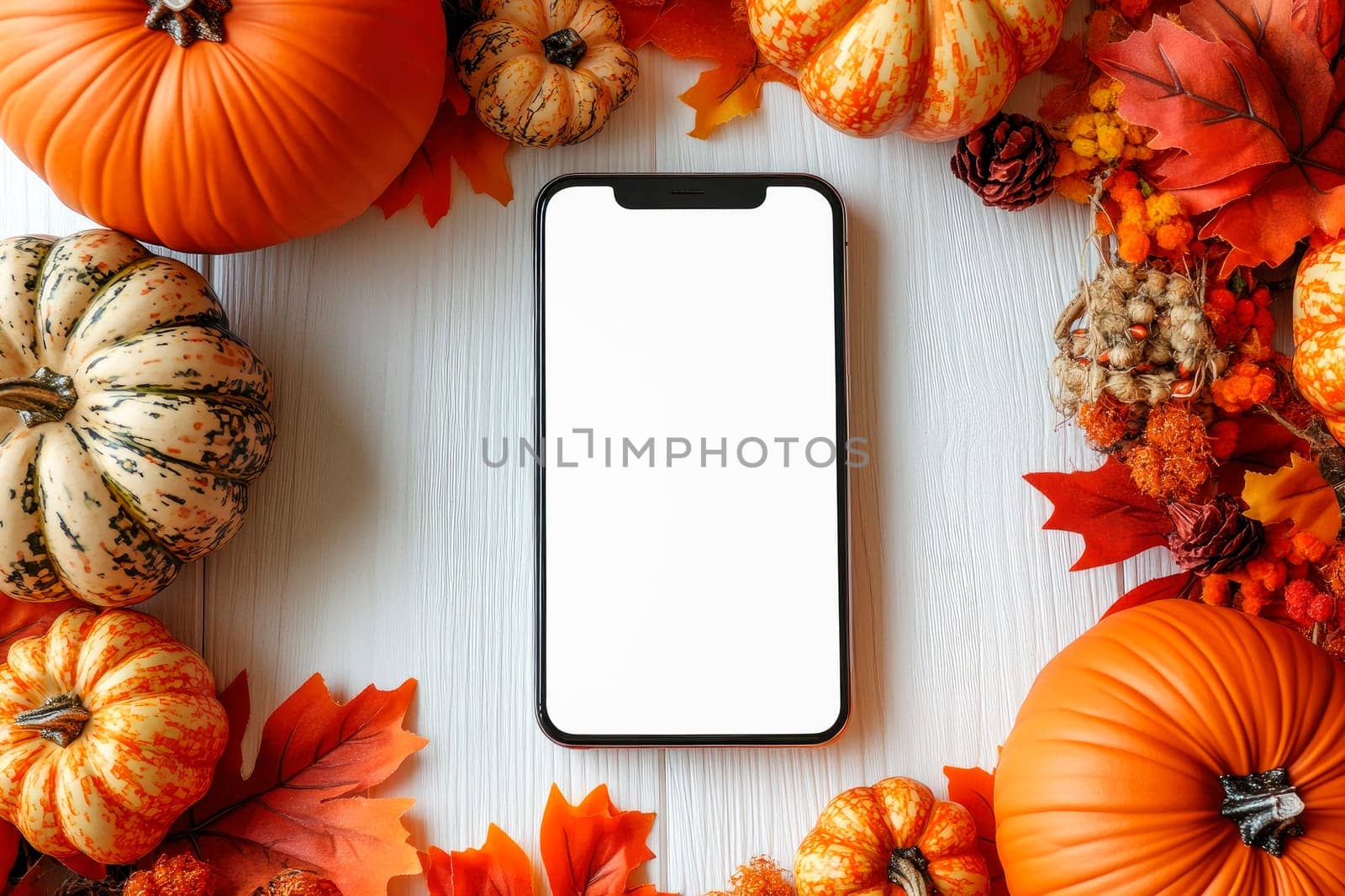 Mobile phone with empty screen and beautiful  autumn decoration,  flat lay. Copy space for text. Cozy Fall season. AI generated