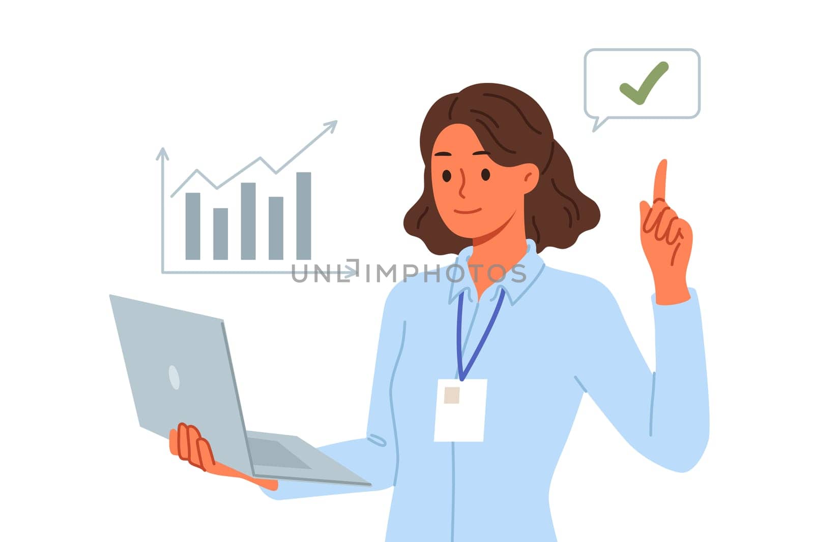 Business woman financial analyst holding laptop and pointing finger up reporting stock market trends. Girl financial analyst smiles, participates in professional conference for traders and investors