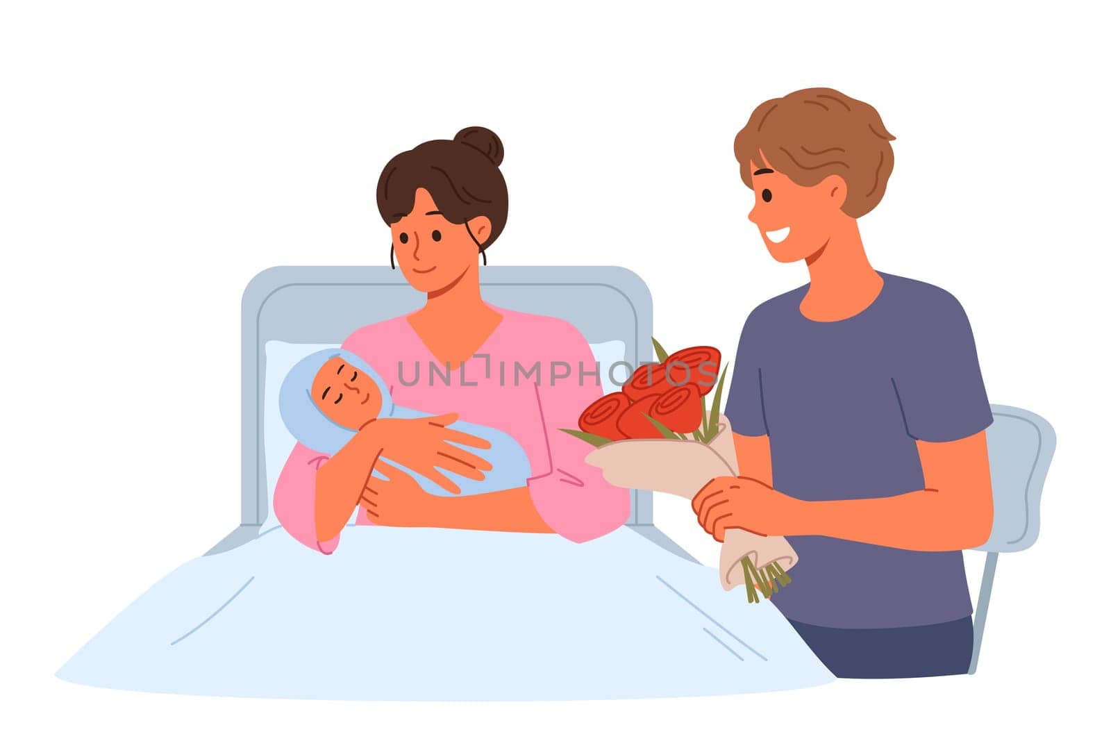 Woman given birth lies in hospital bed, showing baby to happy father with flowers. Girl who has given birth and happy man rejoicing at nascency of son or daughter after long pregnancy
