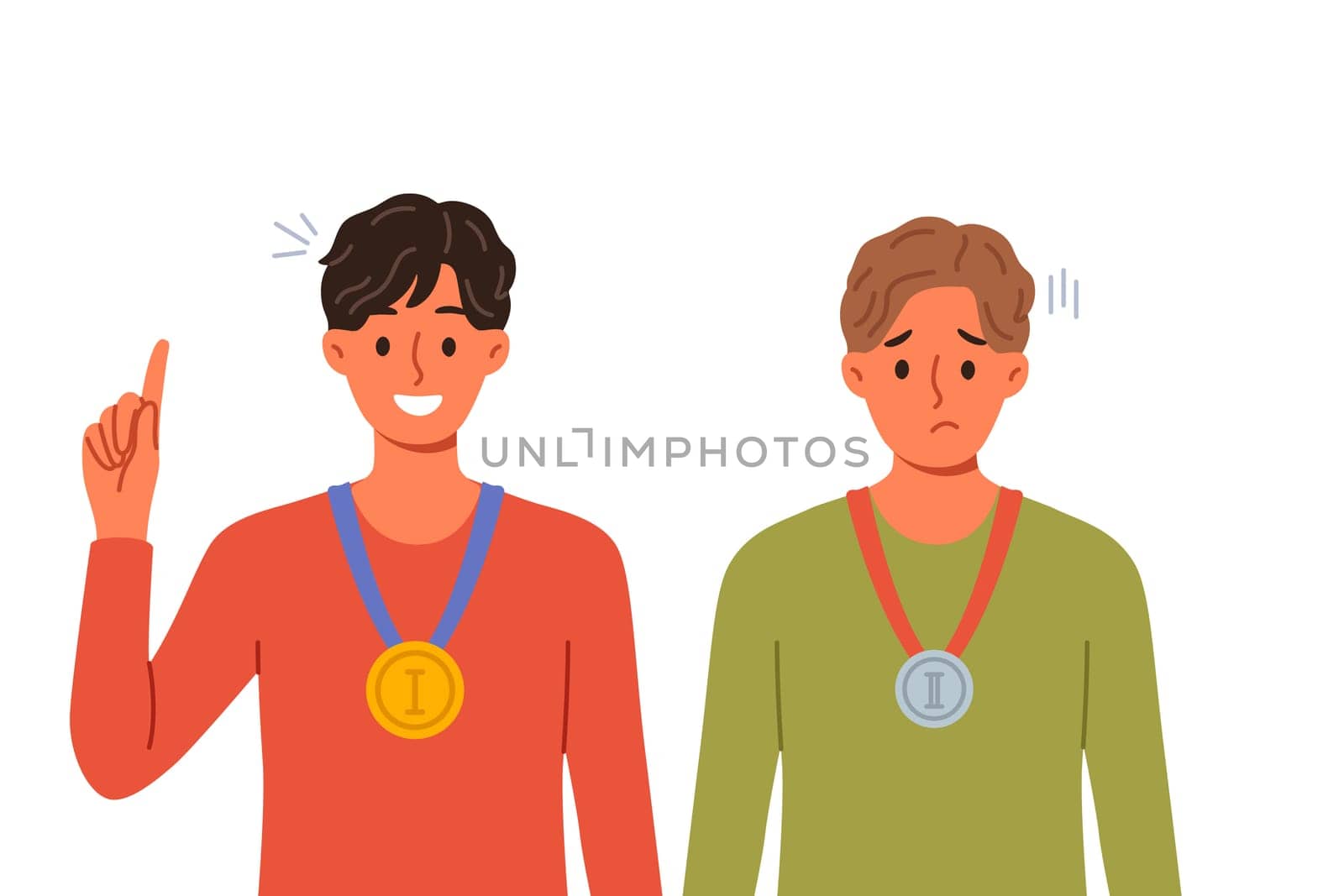 Winner and loser with medals for first and second place around necks experience different emotions after tournament. Man who won medals rejoices, standing near guy who failed in sports competition