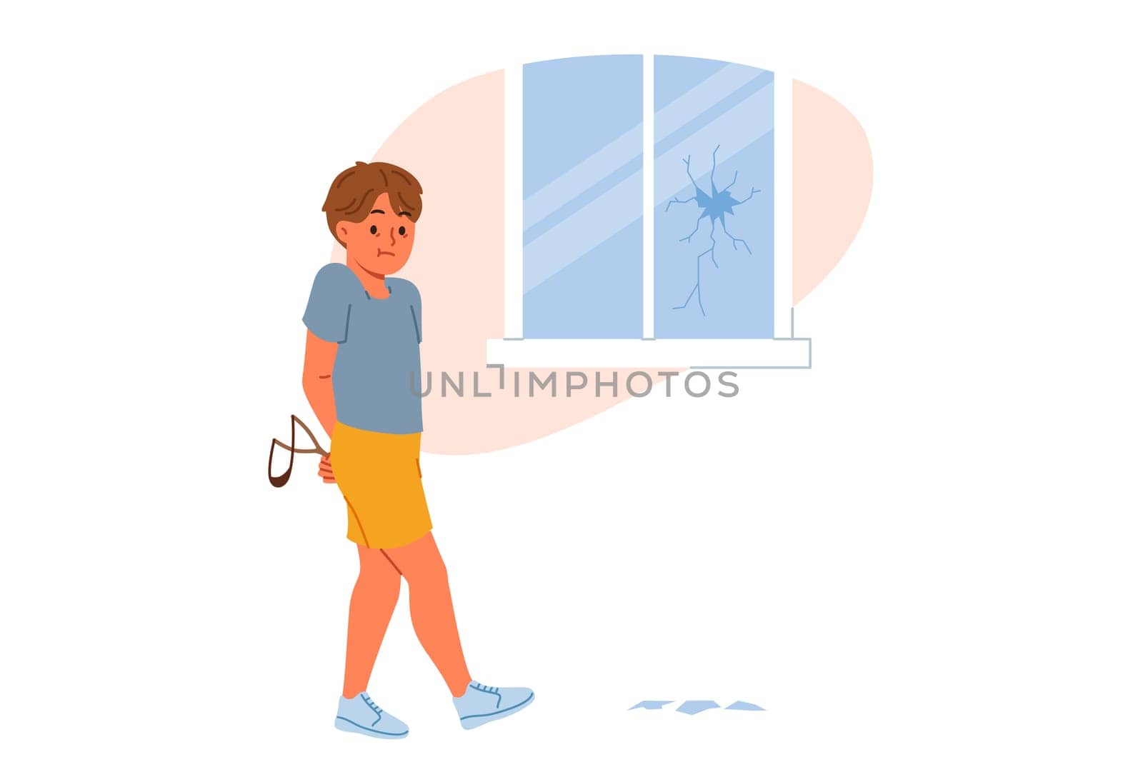 Hooligan boy broke window with slingshot and is afraid of punishment from parents for bad behavior. Hooligan child does pranks due to lack of upbringing or desire to attract attention.