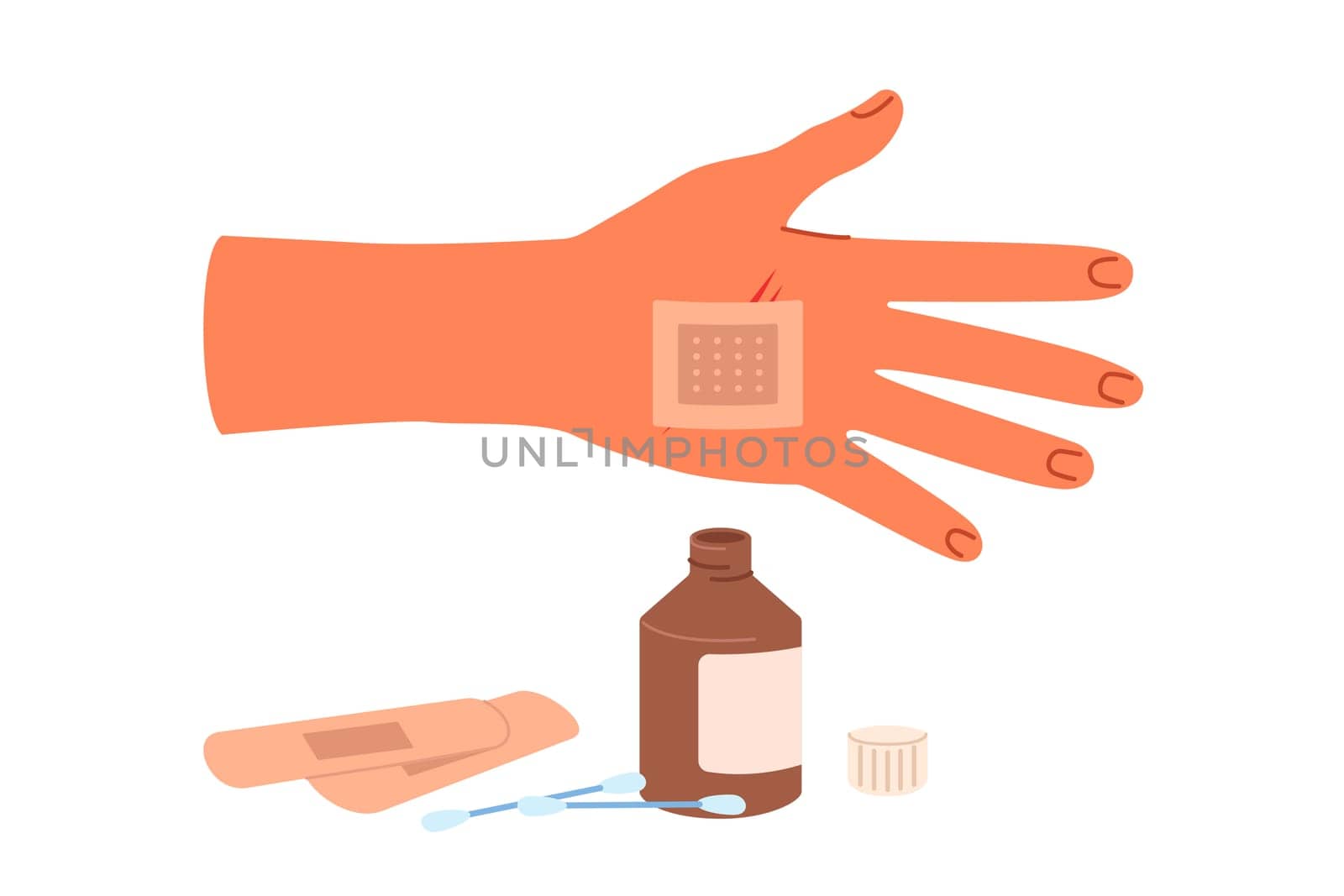 Patch on palm and medicinal ointment in glass bottle help stop bleeding and avoid blood poisoning. First aid patch for person who has been wounded due to careless handling of knife