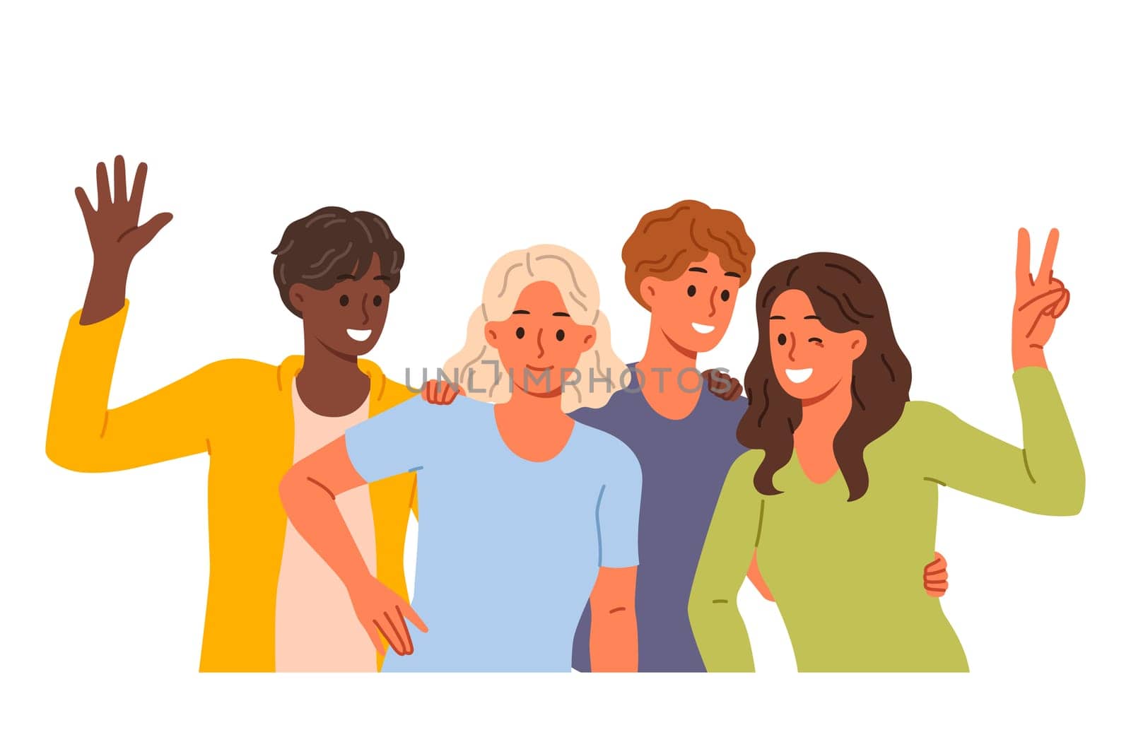 Multiethnic people pose for group portrait with friends during friday night party. Student friends of different nationalities smile and wave, happy to meet again and have opportunity to communicate.