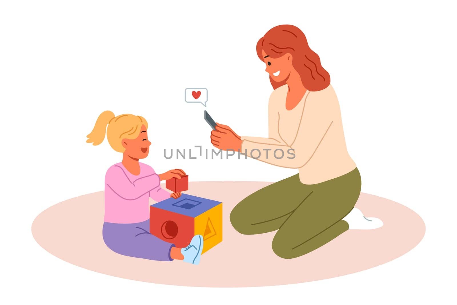 Happy mother takes photo of little daughter playing with blocks on mobile phone camera. Mother rejoices at success of pre-teen child demonstrating talent and readiness for development