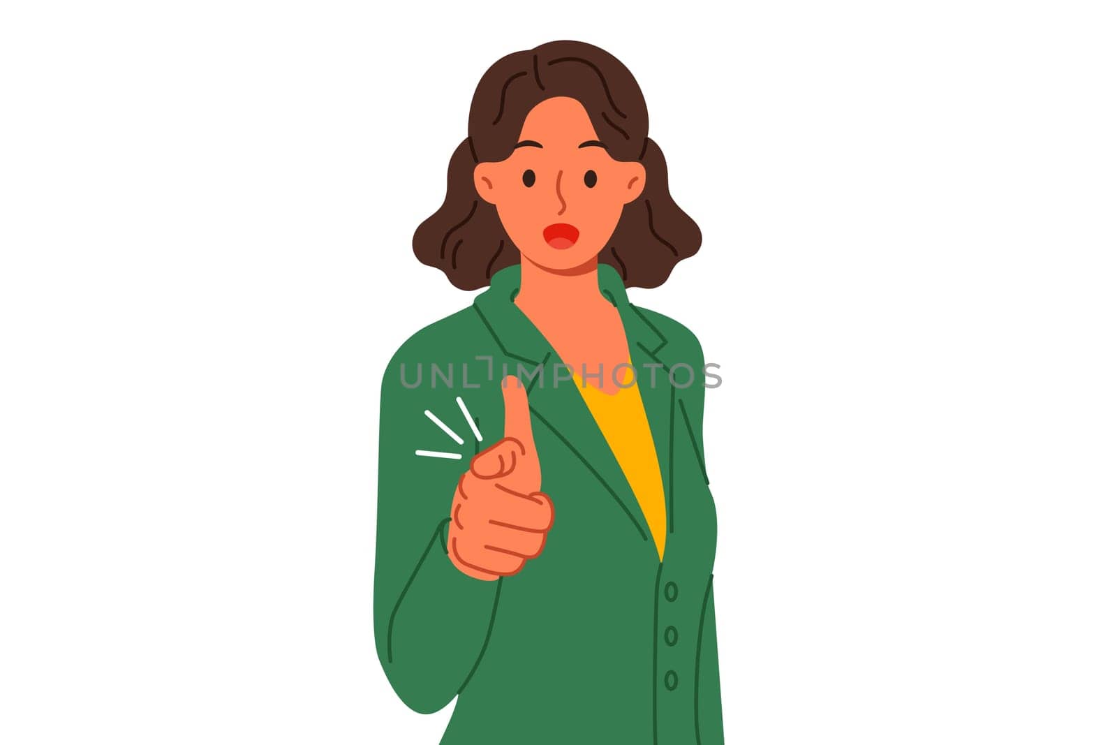 Business woman points finger at screen, accusing you of not taking action to achieve success in life. Business girl opens mouth in surprise at unfortunate coincidence of circumstances in career