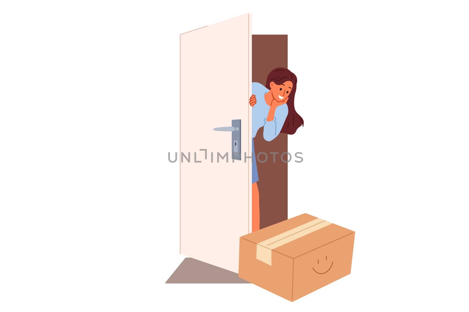 Woman rejoices at receiving package delivery by courier and looks out of apartment through open door. Targeted delivery from online store evokes positive emotions in girl who loves internet shopping