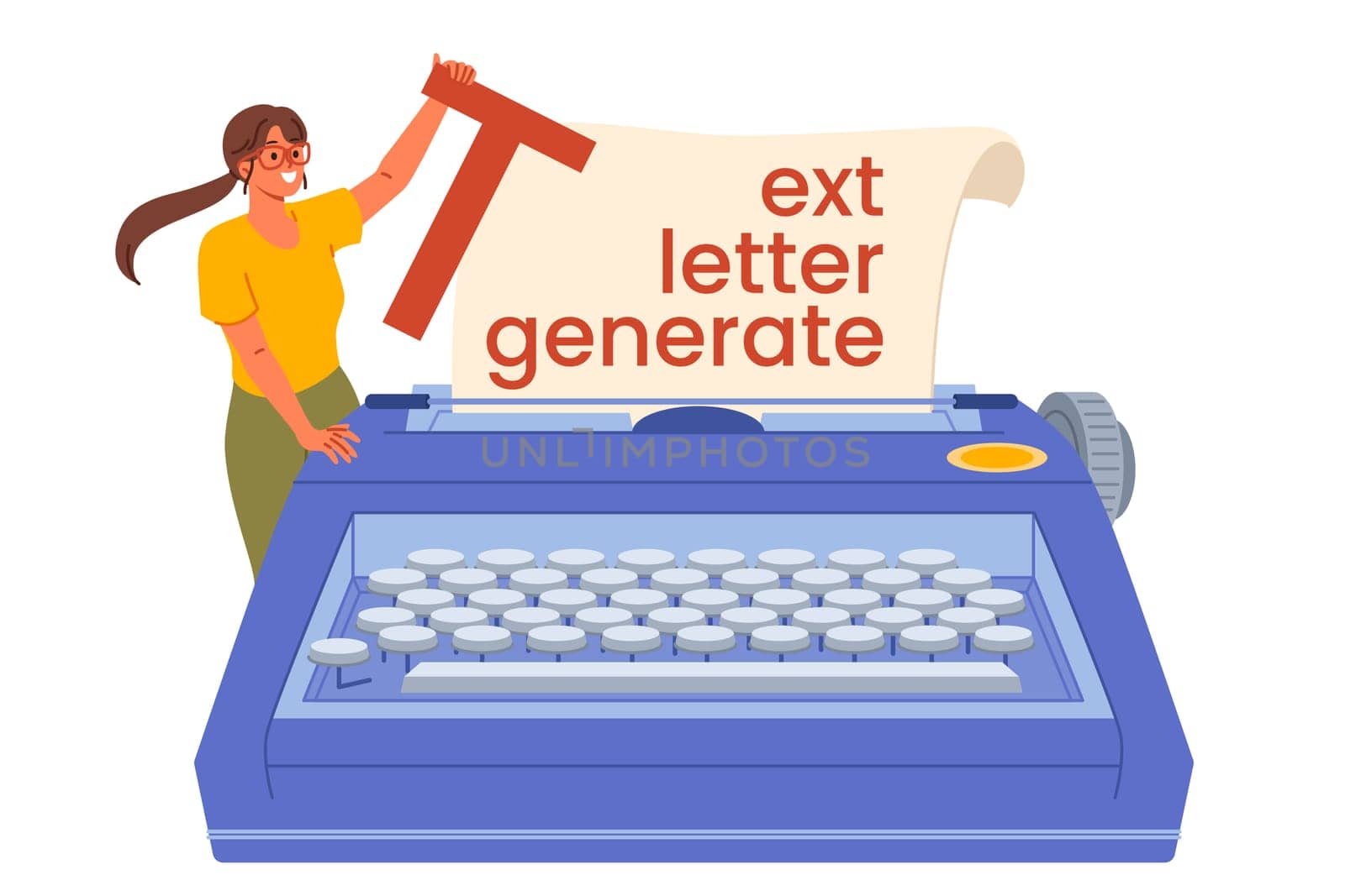 Woman journalist or copywriter stands near huge old typewriter with slogan text letter generate. Girl journalist offers services for writing articles for newspapers or online magazines