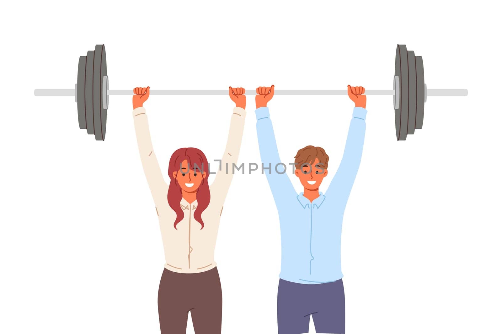 Team of business employees lifting barbell together, demonstrating teamwork on complex project. Office team is proud of synergy and ability to reach new heights and cope with challenges