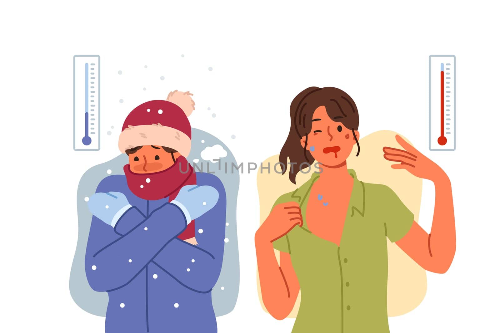 Extreme weather conditions cause problems for people suffering from winter cold and summer heat. Man suffers because of snow and woman feels exhausted in hot weather, for concept of climate change