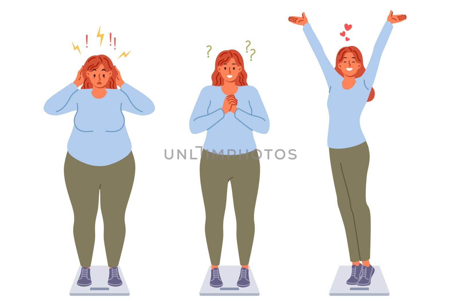 Progress in weight loss for overweight woman who quickly loses extra pounds thanks to right diet. Girl rejoices at weight loss and opportunity to get slim and beautiful body, stands on scales