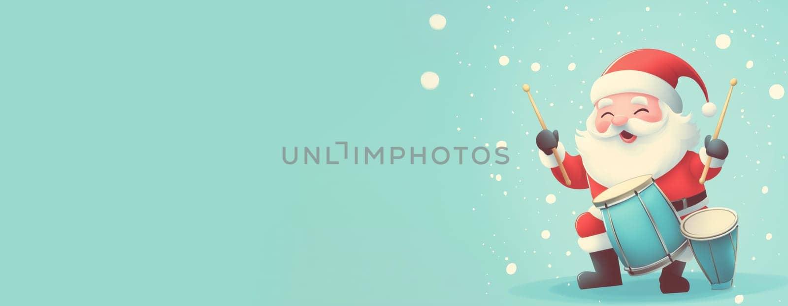 Santa Claus is playing drums, music for xmas, winter holiday season, christmas greeting card