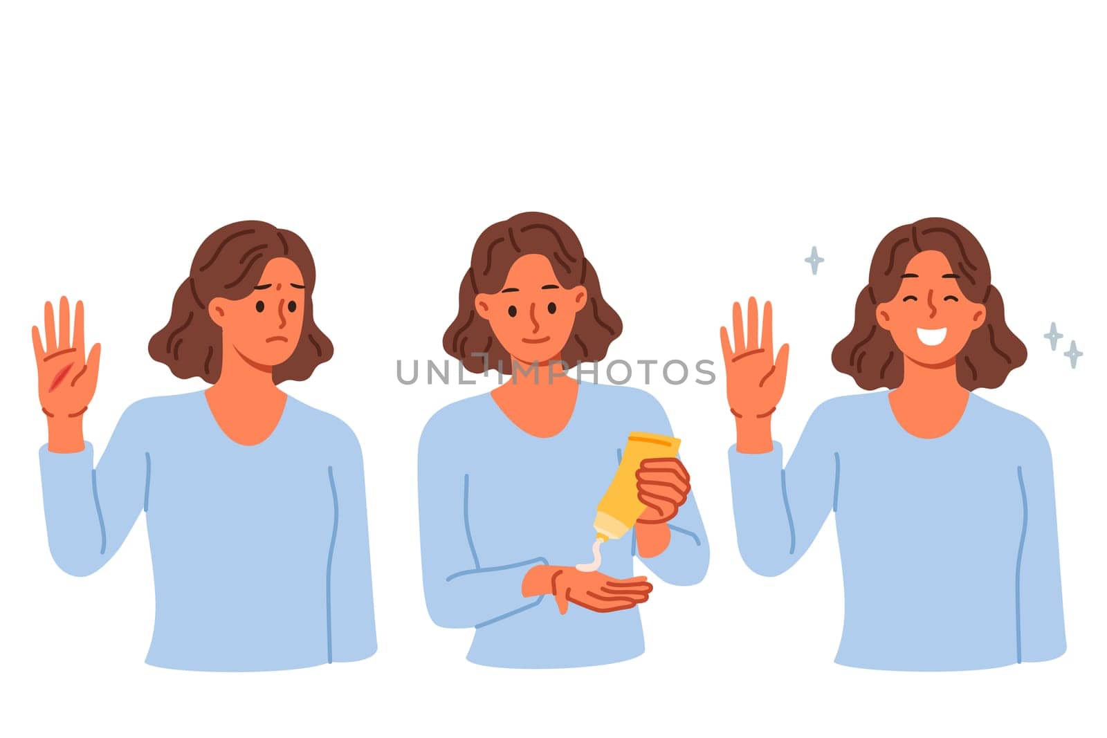 Women use hand cream to get rid of cracks in skin or to heal wound on palm. Hand cream helps skincare of young woman smiling after recovery, without going to doctor or going to clinic