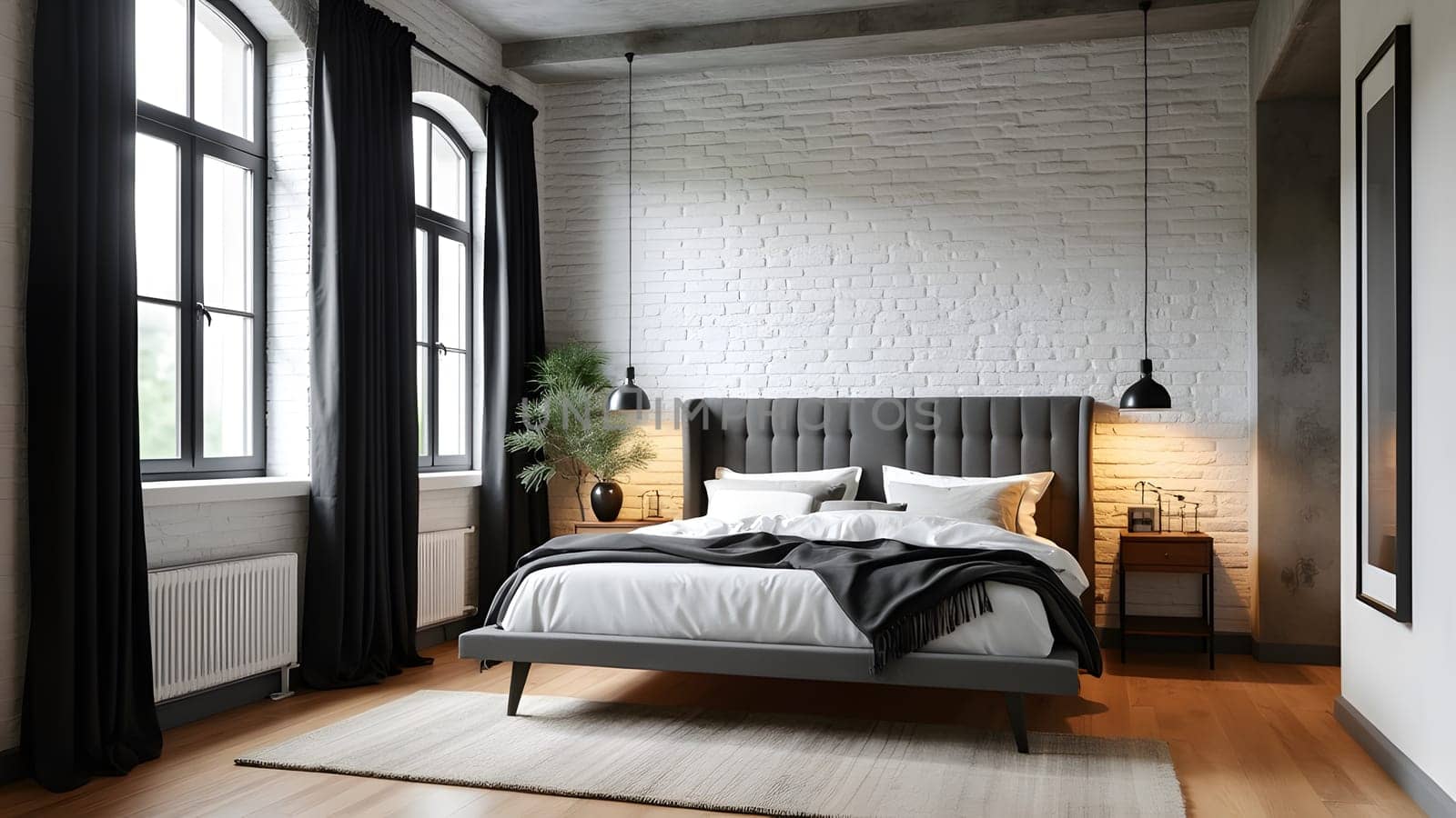 Common scandinavian interior clean look. Simply bedroom in industrial design with white brick wall, wood floor, concrete ceiling, black cotton curtain and headboard full panel bed in modern style home