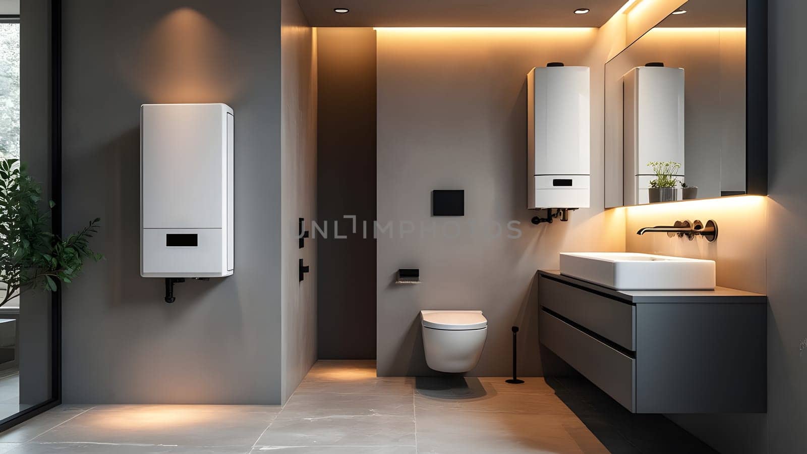 Household smart water heater hanging on the wall in boiler room. Modern tanked boiler in bathroom. Common electric storage tank water heater. Energy-efficient home heating system on gray tiles