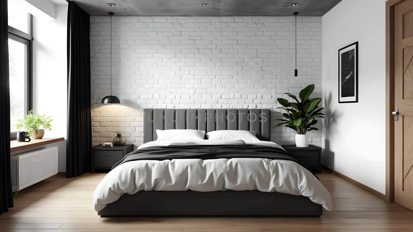 Common scandinavian interior clean look. Simply bedroom in industrial design with white brick wall, wood floor, concrete ceiling, black cotton curtain and headboard full panel bed in modern style home