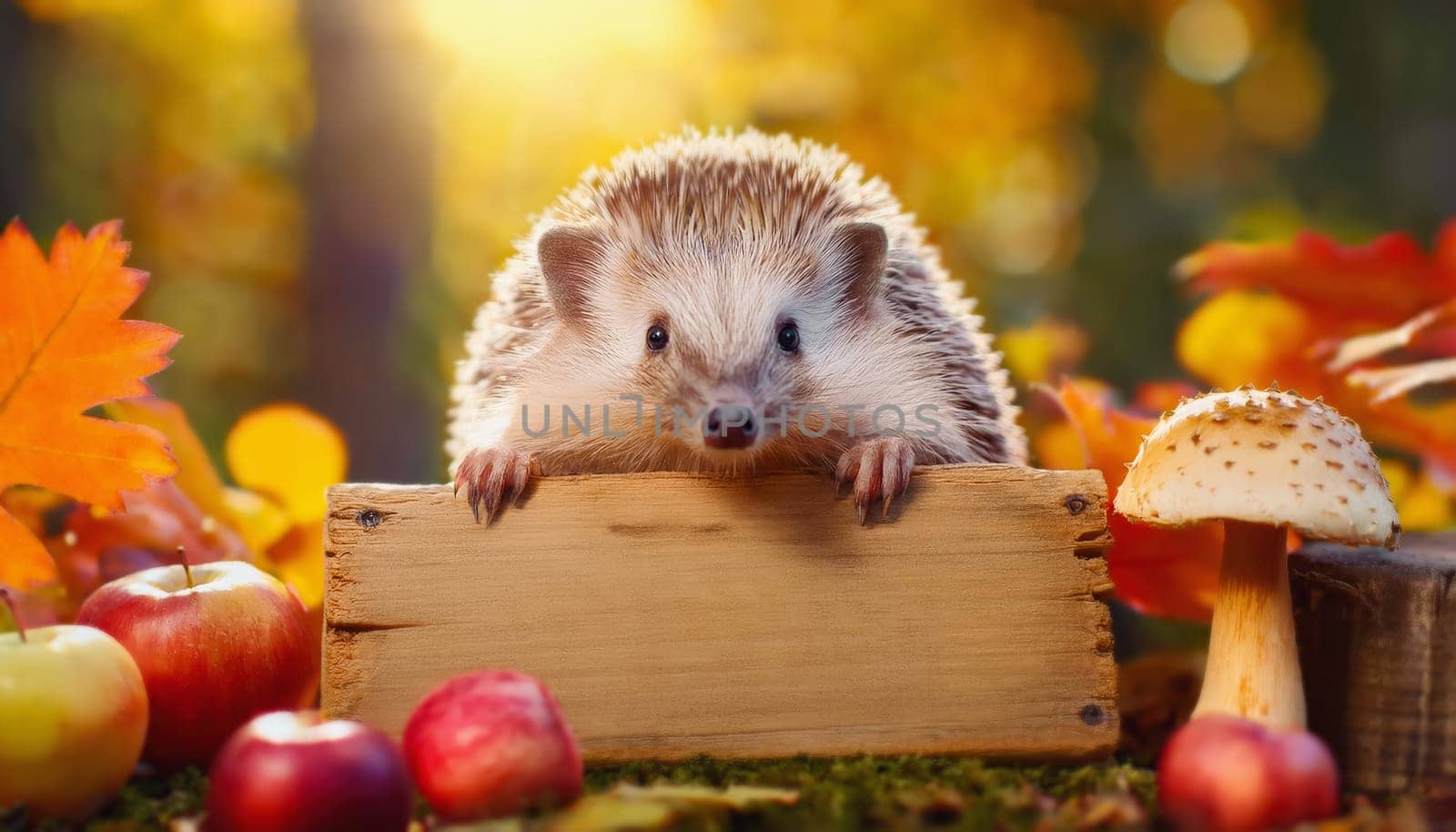 Cute hedgehog holding an old wooden banner in the autumn forest. Funny fall season advertise with copy space on empty wood board