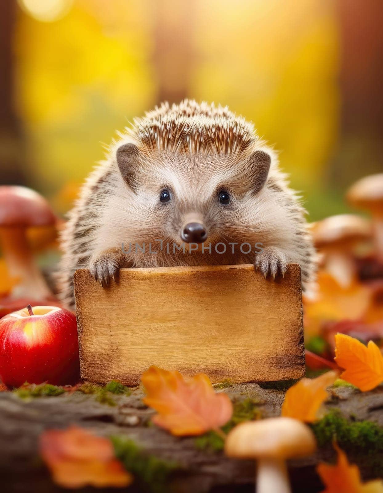 Cute hedgehog holding an old wooden board in the autumn forest. Funny fall season advertising with copy space on empty wood banner