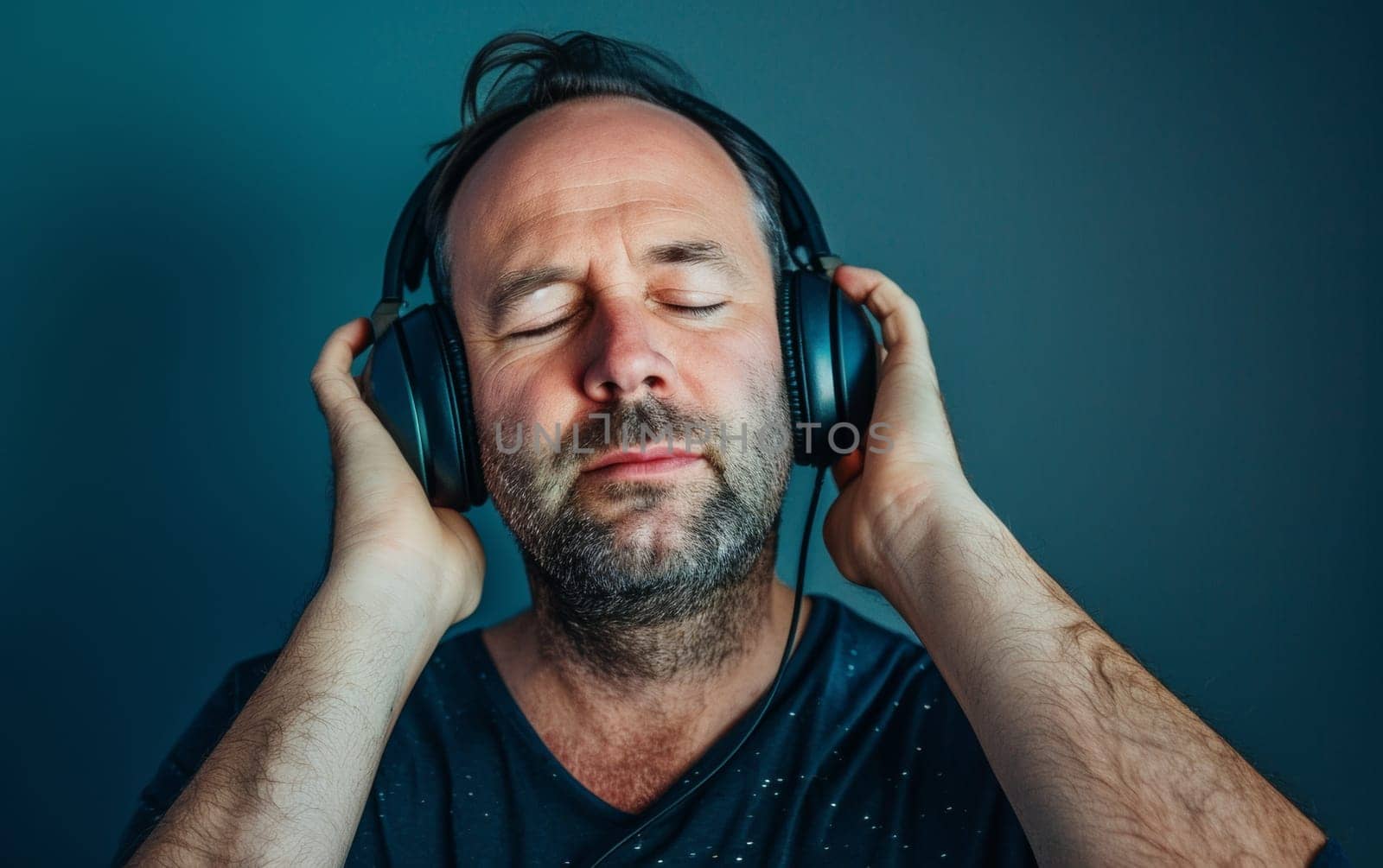 A middle-aged man with closed eyes savors the music, headphones providing an escape. The serene expression on his face speaks volumes about the power of sound