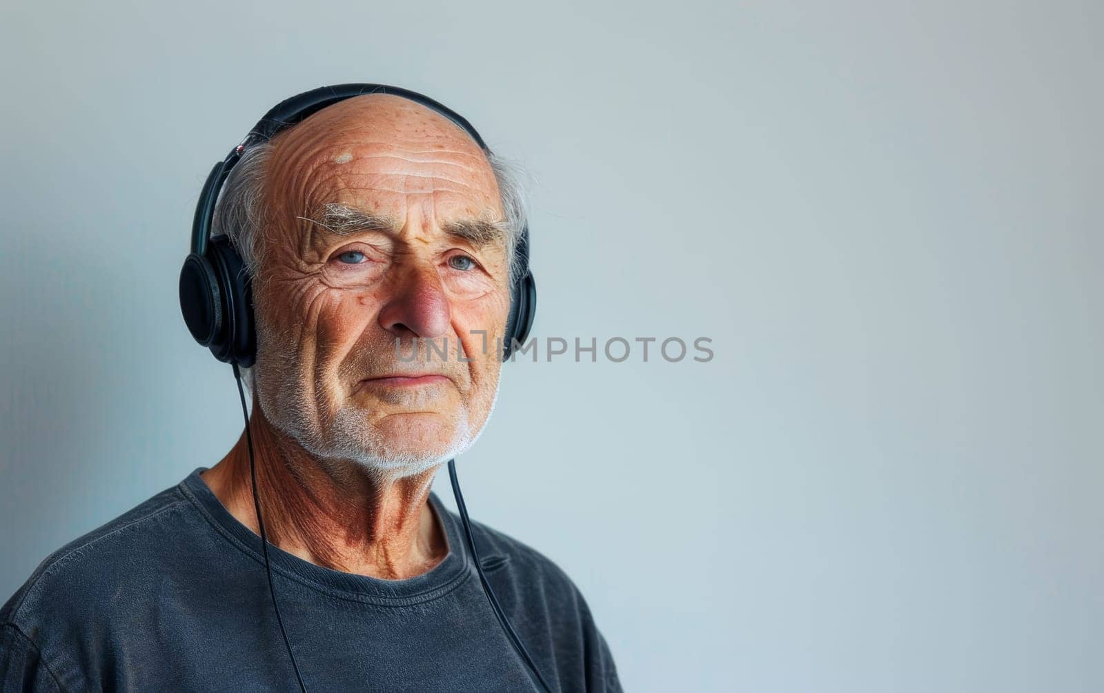 An elderly man with a deep gaze wears headphones, lost in the world of music. His expression is serene, hinting at a lifetime of experiences reflected upon through melodies