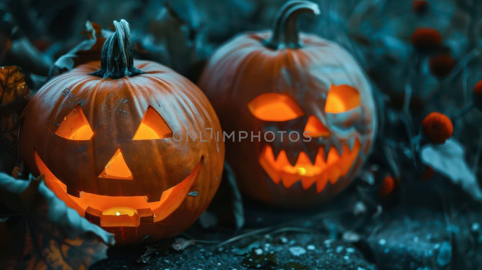 Two jack-o'-lanterns with unique faces illuminate the autumn night, surrounded by fallen leaves and decorative plants.