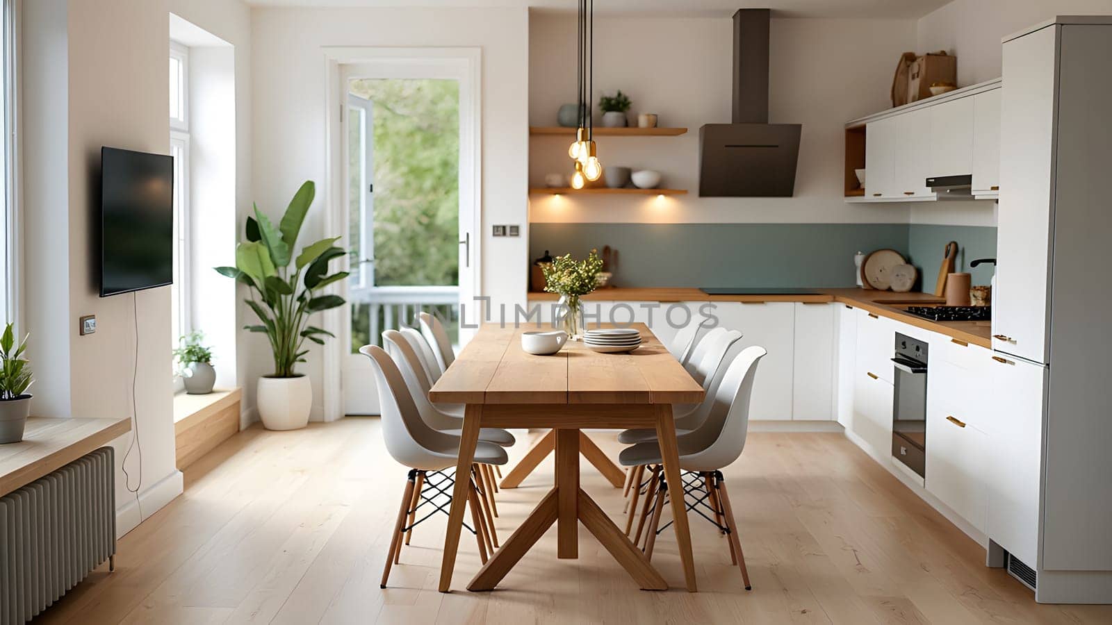 An eat-in kitchen interior design in modern scandinavian style with big wooden table and chairs against light wood floor, bright white walls and furnitures with TV, appliances and hanging light bulbs
