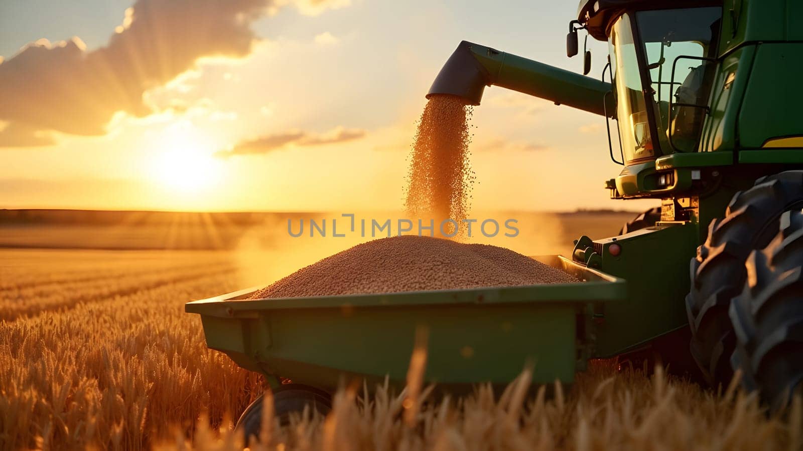 Ripe wheat grain falling from combine auger into cart. Unloading grains into truck by unloading auger. Wheat harvesting on field in summer season. Process of gathering crop by agricultural machinery