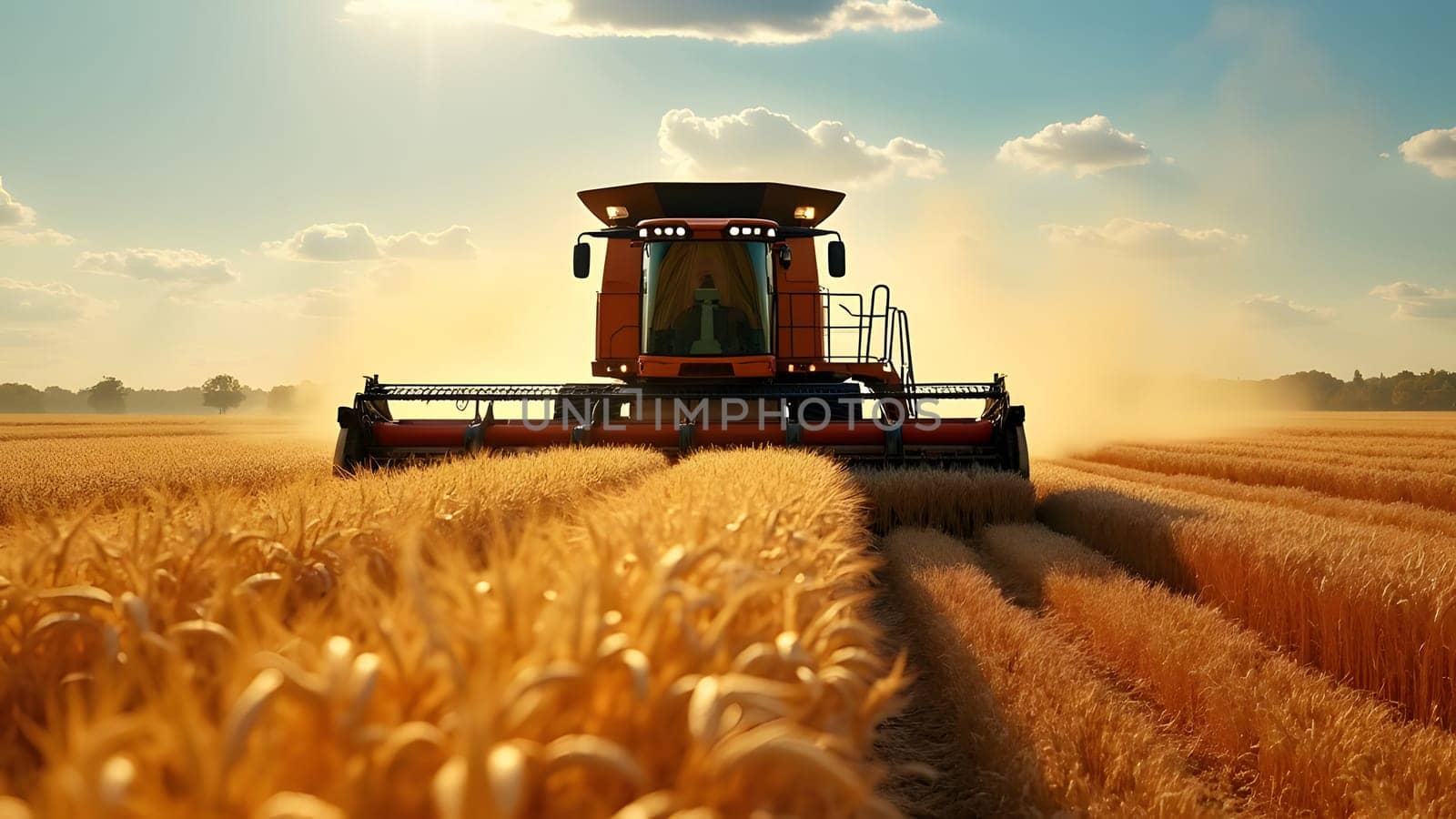 Combine harvesters with grain header, wide chaff spreader reaping cereal ears. Rotary straw walker cut and threshes ripe wheat grain. Gathering crop by agricultural machinery on field on summer season