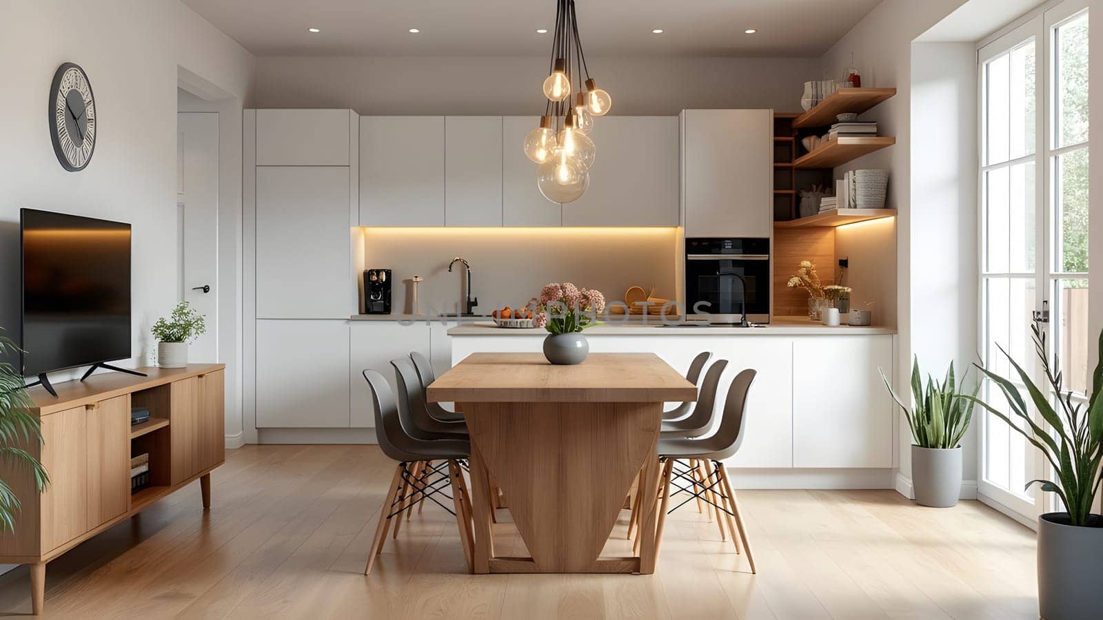An eat-in kitchen interior design in modern scandinavian style with big wooden table and chairs against light wood floor, bright white walls and furnitures with TV, appliances and hanging light bulbs
