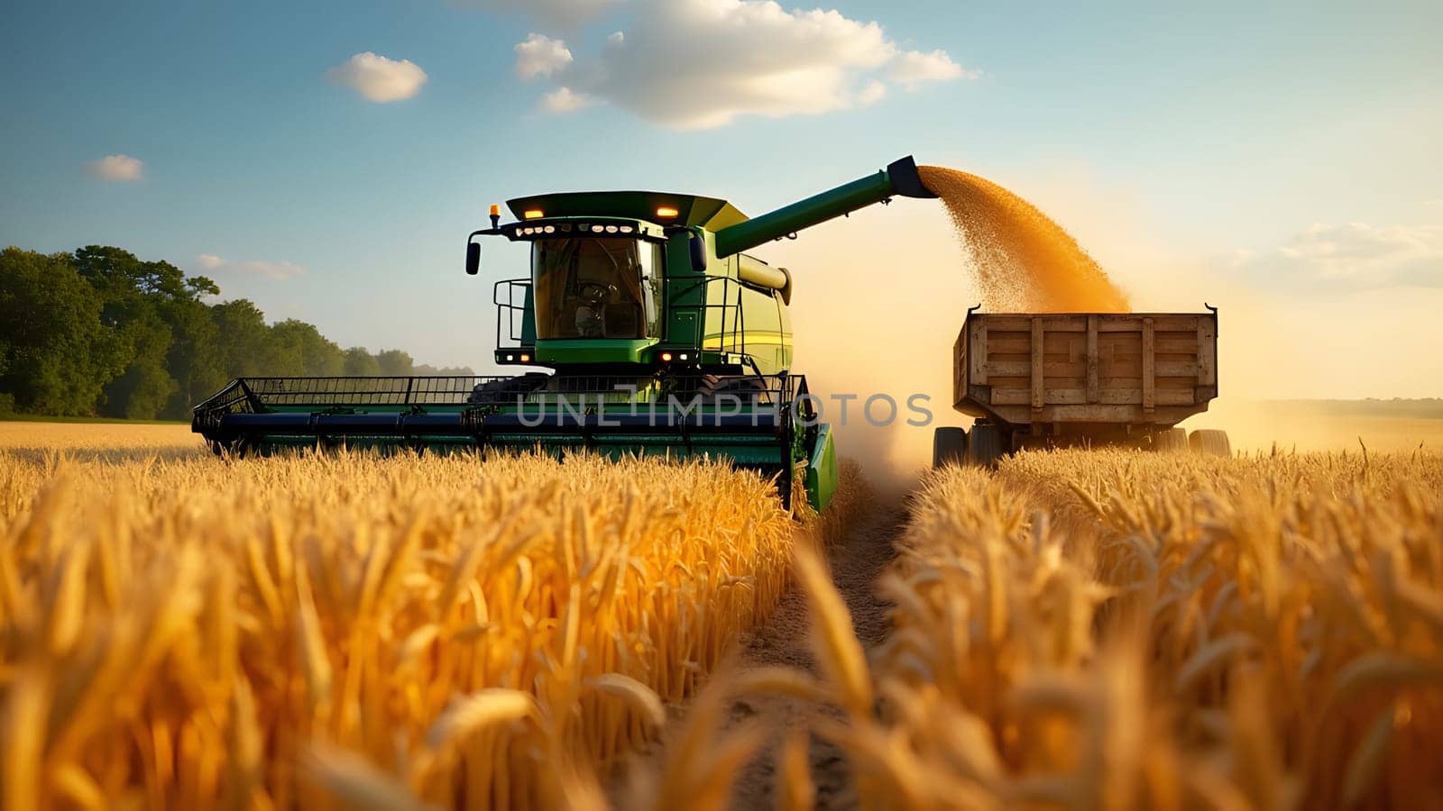 Combine harvesters cuts and threshes ripe wheat grain. Unloading grains into truck by unloading auger. Wheat harvesting on field in summer season. Process of gathering crop by agricultural machinery