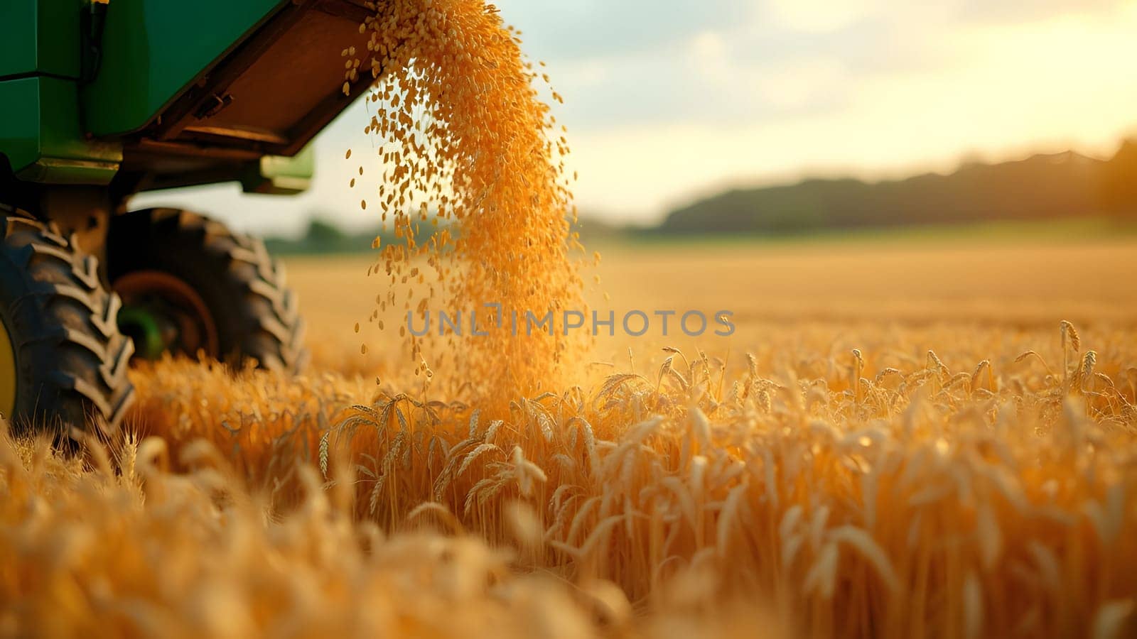 Ripe wheat grain falling from combine auger to ground. Unloading grains into truck by unloading auger. Wheat harvesting on field in summer season. Process of gathering crop by agricultural machinery