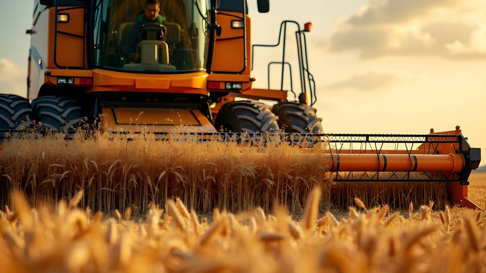 Man in combine harvesters with grain header, wide chaff spreader reaping cereal ears. Rotary straw walker cut and threshes ripe wheat grain. Gathering crop by agricultural machinery on field in summer