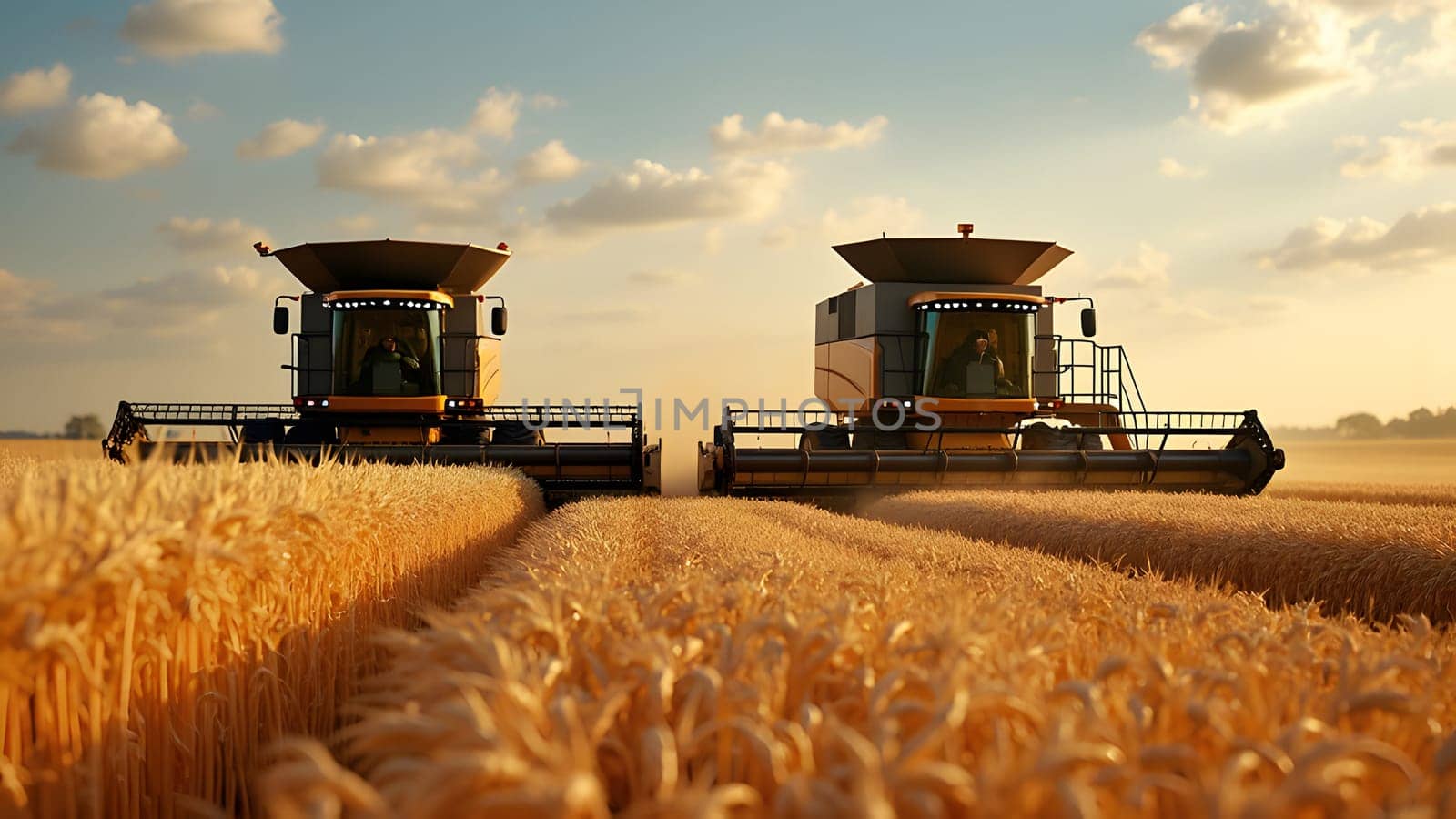 Two modern combine harvesters with grain header, wide chaff spreader cut and threshes ripe wheat grain . Wheat harvesting on field in summer season. Process of gathering crop by agricultural machinery