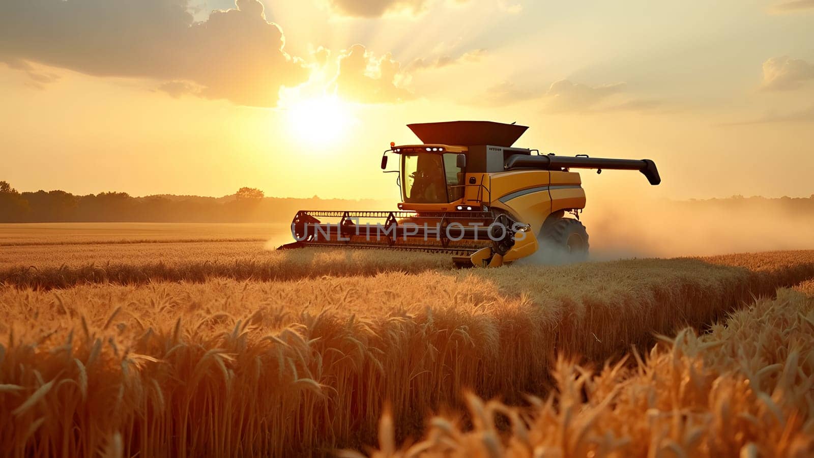 Combine harvesters with grain header, wide chaff spreader reaping cereal ears. Rotary straw walker cut and threshes ripe wheat grain. Gathering crop by agricultural machinery on field on summer season
