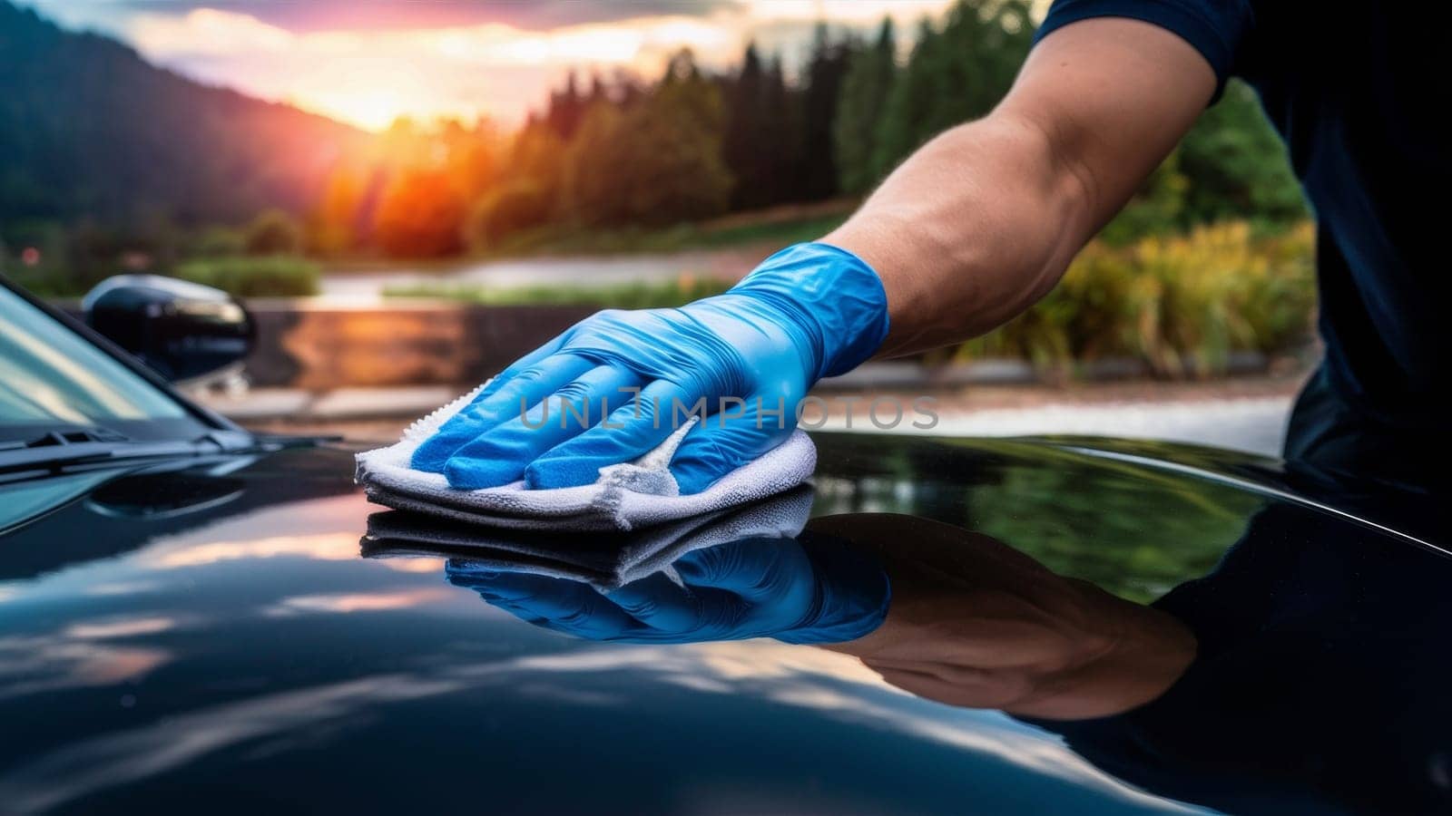 Close-up of a man's gloved hand wiping a car with a microfiber cloth, against a scenic background.
