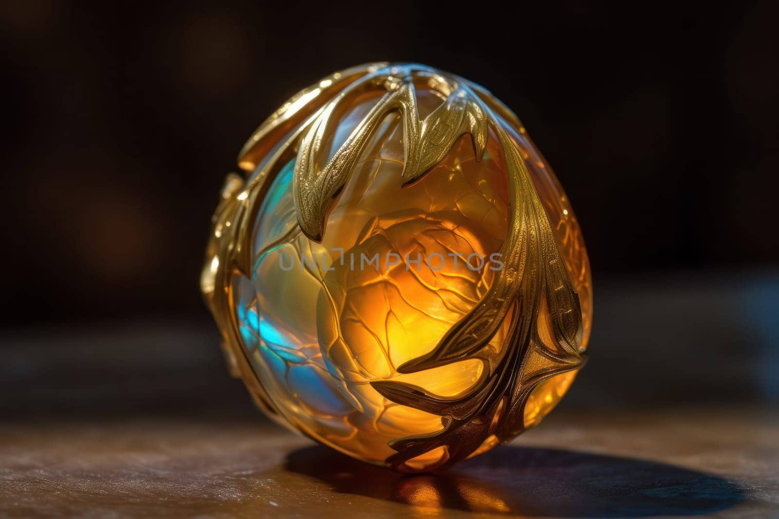 Decorative egg made of precious stones with gold patterns and a shiny iridescent surface on a dark background.
