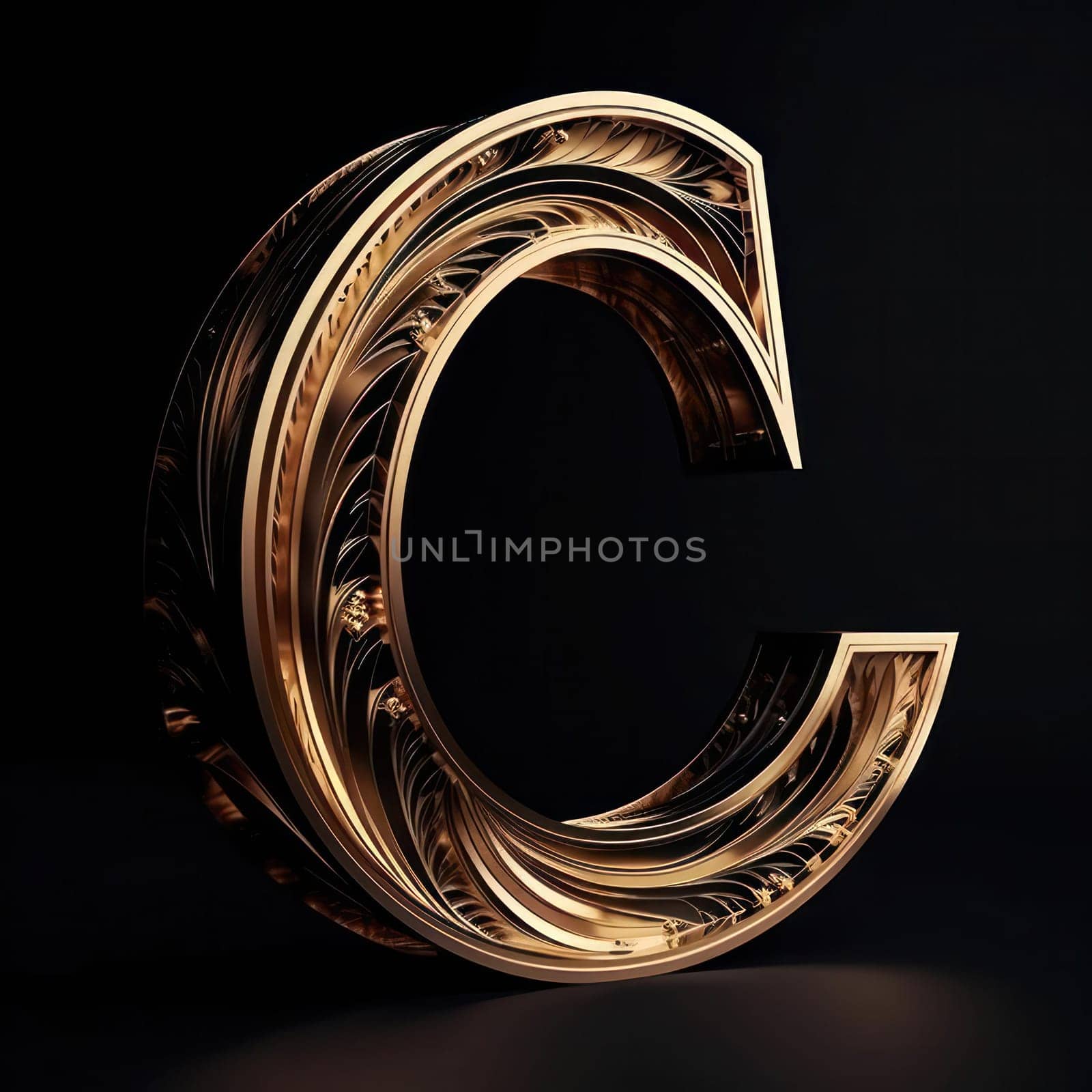Detailed and ornate gold C on a black background showcases intricate design elements.