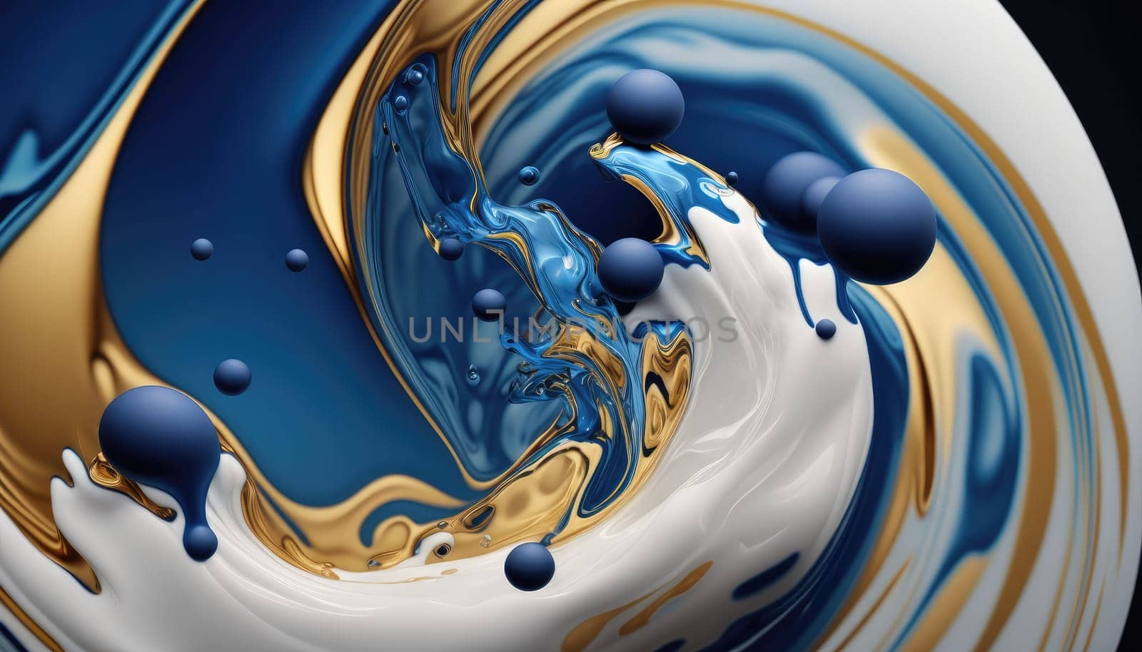 abstract background, blue, white and gold acrylic liquid artistic paints.Generative AI