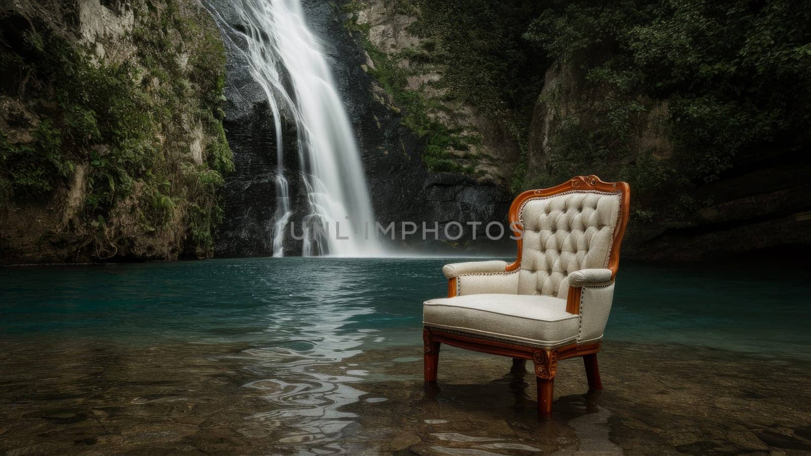 Luxury Chair Standing in Water by Waterfall.Travel and Comfort Concept.Suitable for advertising luxury resorts, unique vacation spots, or promoting luxury furniture